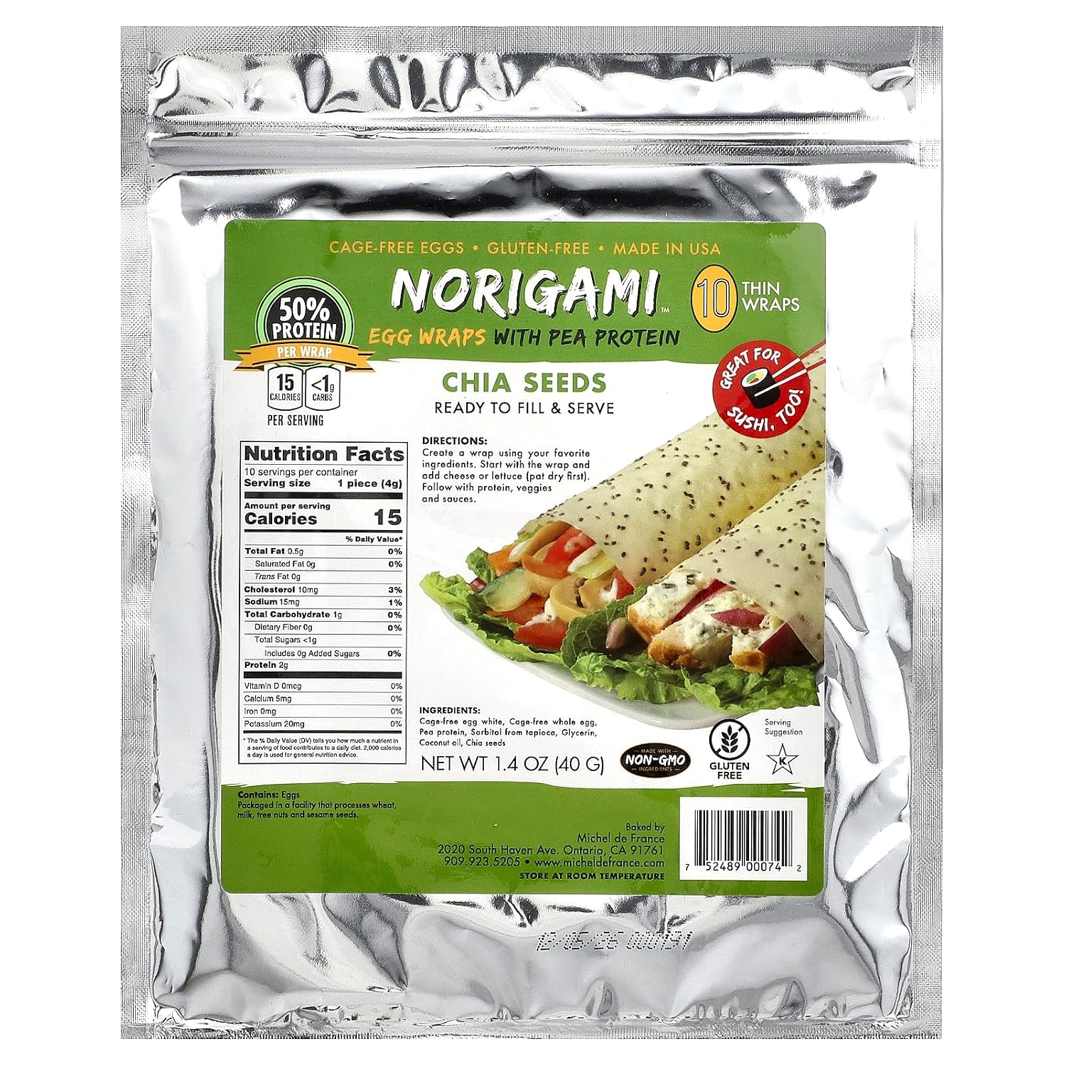 Norigami Egg Wraps with Pea Protein – Chia Seeds. High Protein, Low Carb, Vegetarian. Thin Healthy Wraps -Certified Kosher, Non-GMO