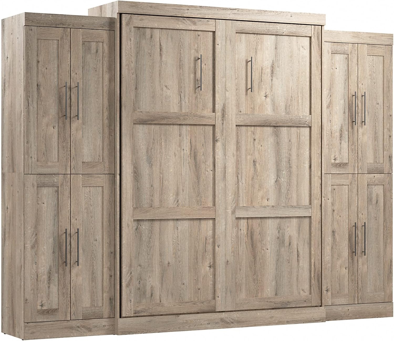 Bestar Pur Full Murphy Bed and 2 Shelving Units with Drawers, 109-inch Space-Saving Sleeping Arrangement in White | 2 Shelving Units with Drawers; supports up to 1000 lb; min. ceiling height 86.4 in.; dual piston mechanism; 10-year warranty