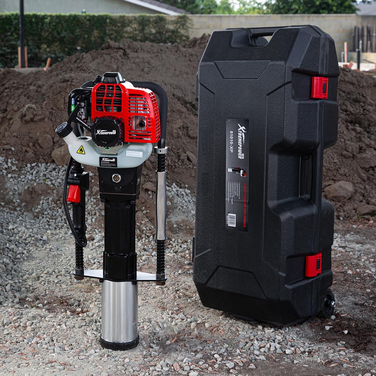 XtremepowerUS 52cc Gas Fence Post Driver, Heavy-Duty 2-Stroke Gasoline T-Post Driver with Carrying Case, Portable Pile Driver for Fence Posts