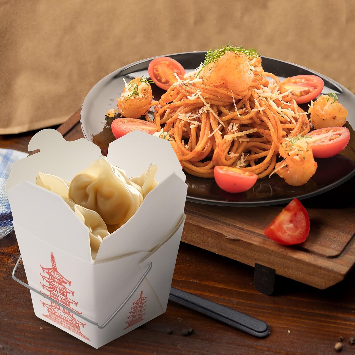 15 Count 16 oz Pagoda Wire Handle Chinese Takeout Box Oyster Pails