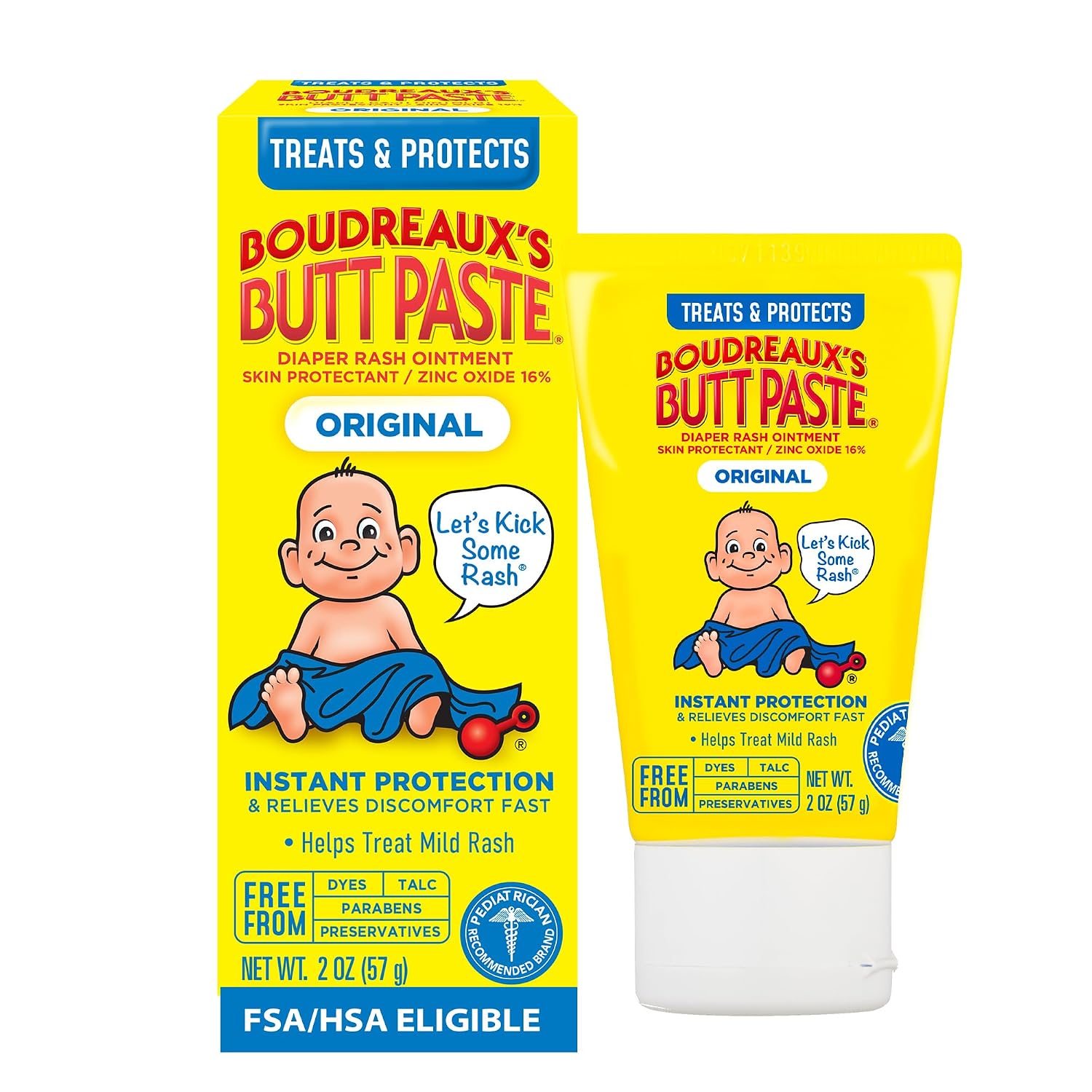 Boudreaux's Butt Paste Diaper Cream, Dermatologist-Tested Original Diaper Rash Cream for Daily Prevention and Relief, Baby Ointment, 2oz Tube