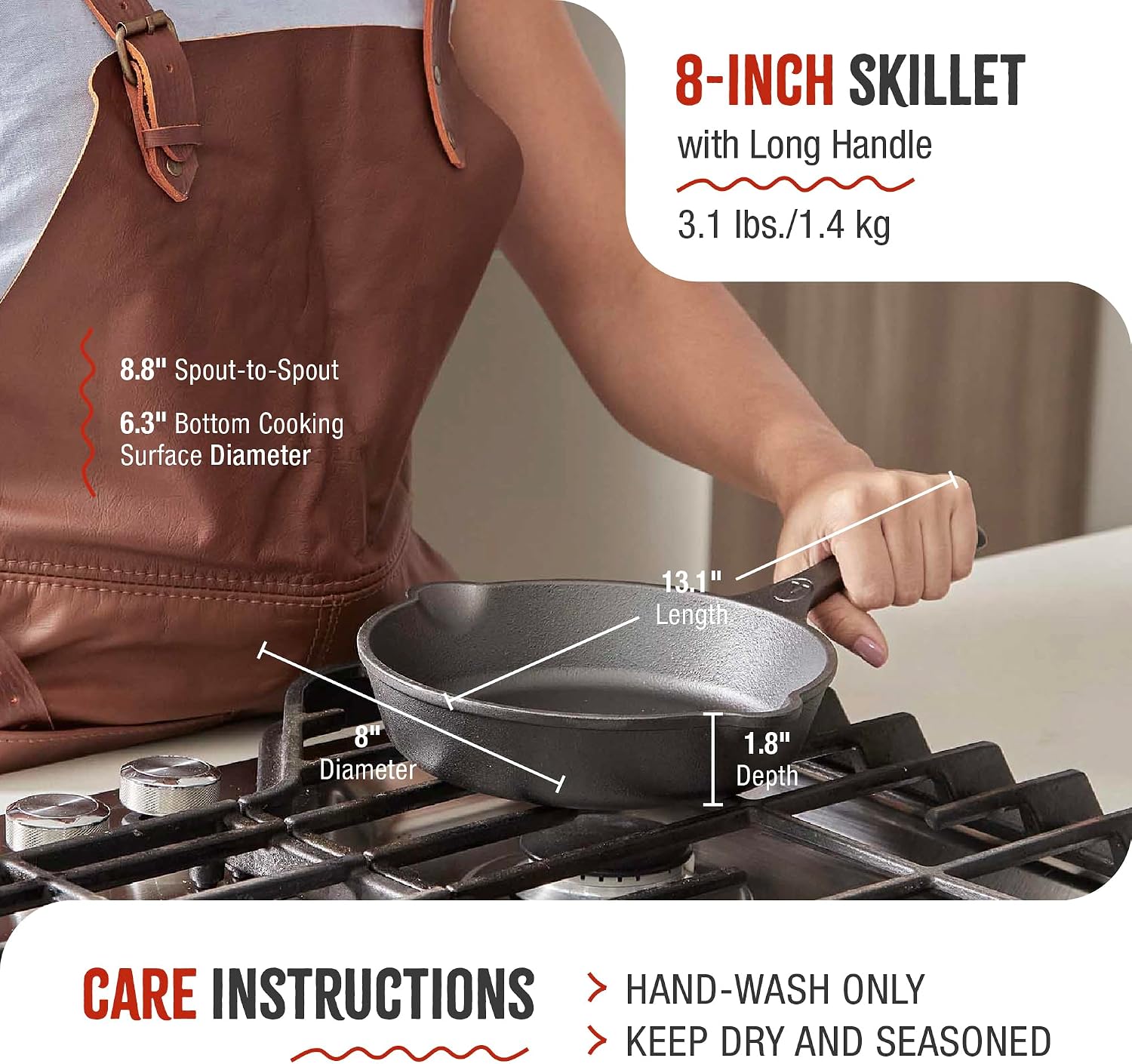 Victoria 8-Inch Cast Iron Skillet, Pre-Seasoned Cast-Iron Frying Pan with Long Handle, Made in Colombia