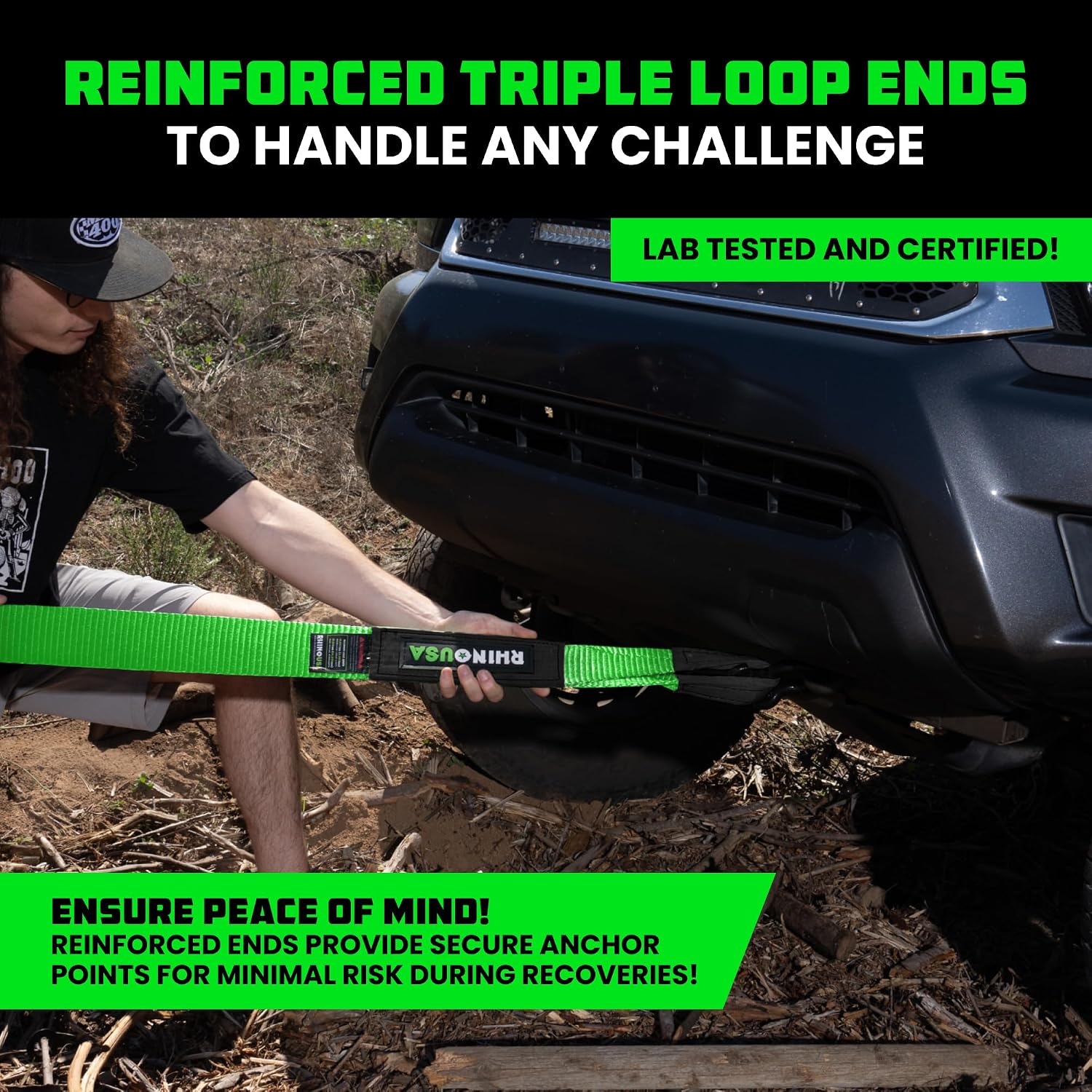 Rhino USA Recovery Tow Strap (3in x 30ft) - 31,518lb Heavy Duty Towing | 31,518lb Break Strength Emergency Tow Strap, Extended 30ft Length. For Truck, UTV, ATV & Jeep Offroad Recovery. Black