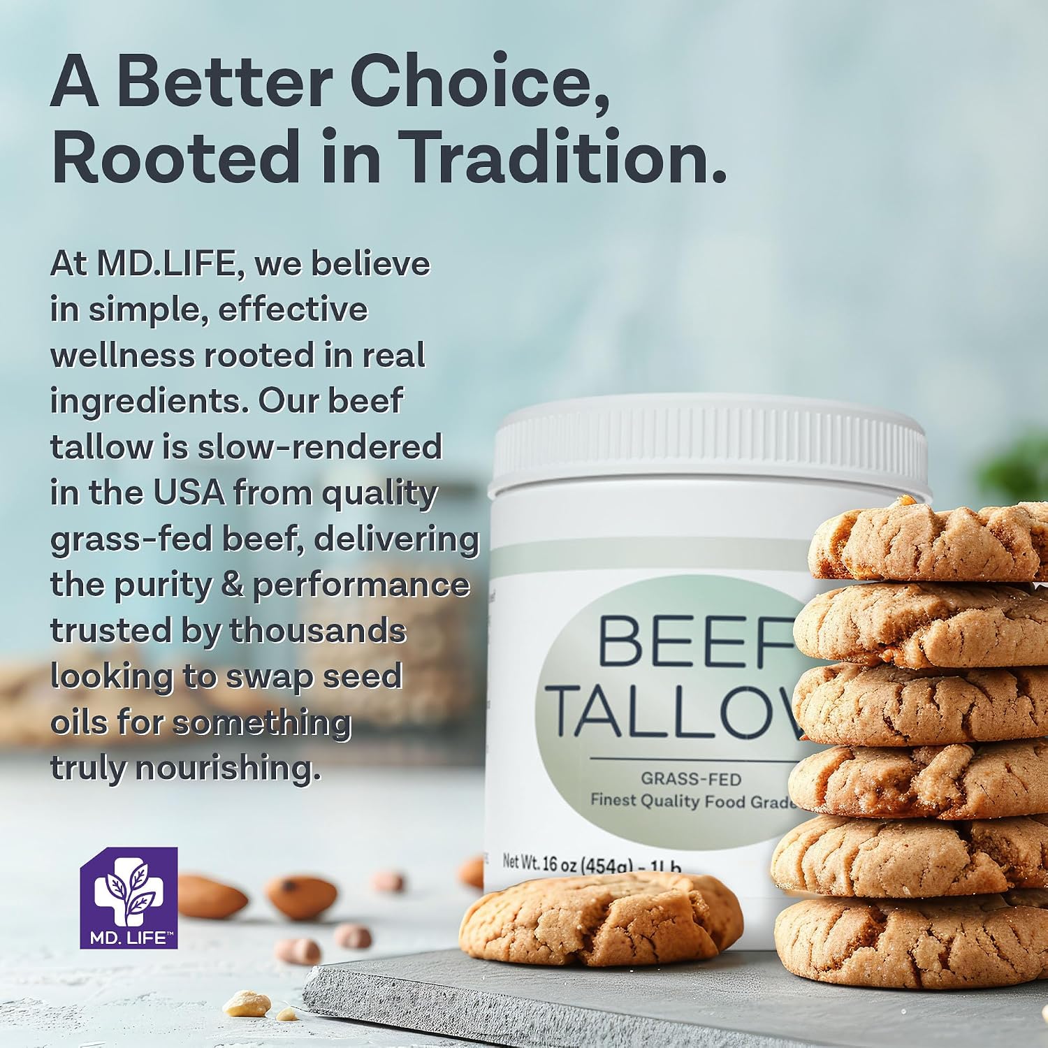 MD. Life Beef Tallow for Cooking - Food Grade Grass Fed Beef Tallow for Cooking Oil Replacement - 28 Ounce - Pasture Raised Keto Friendly Beef Tallow- Used to Make Candles & Soap