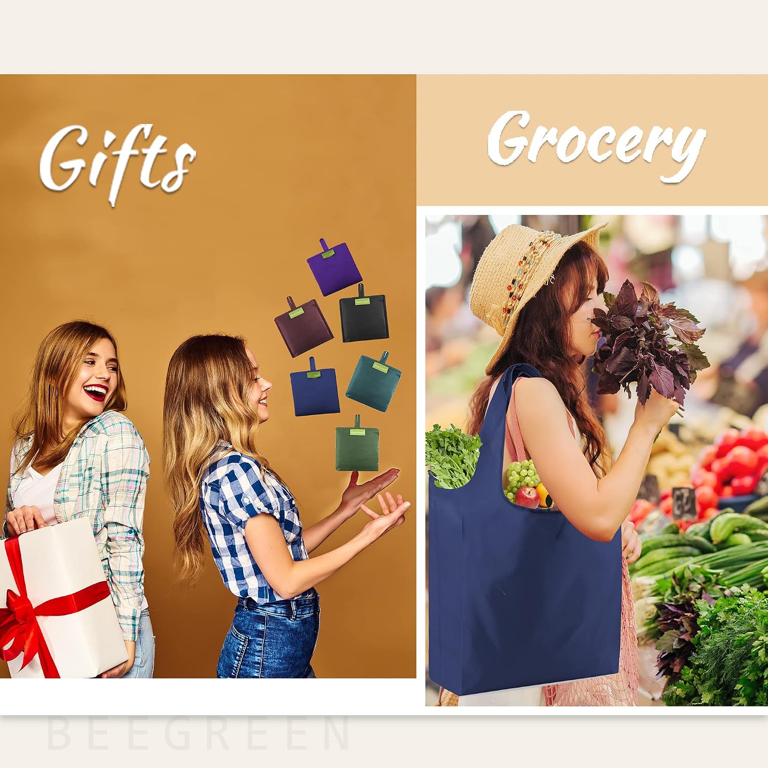 BeeGreen Grocery Bags | Reusable Gift Bags, Large Tote for Women & Foldable Beach Bag - 6 Pack Reusable Bag With Handles | Collapsible Cute Cloth Storage for Market, Holiday & Shopping | Washable​