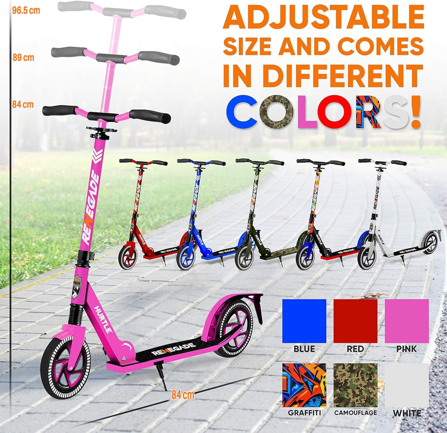 Hurtle Renegade Kick Scooter for Kids, Teenagers & Adults - 2-Wheel Folding Scooter with Adjustable T-Bar Handlebar - Alloy Anti-Slip Deck