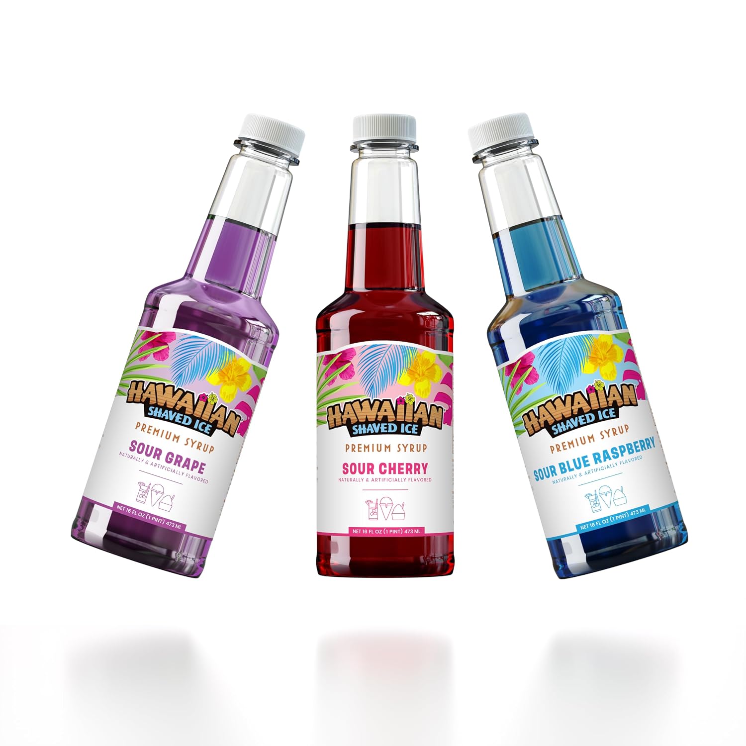 Hawaiian Shaved Ice Syrup Pint 3-pack, Sour Cherry, Sour Grape, & Sour Blue Raspberry, For Slushies, Italian Soda, Seltzers, Popsicles