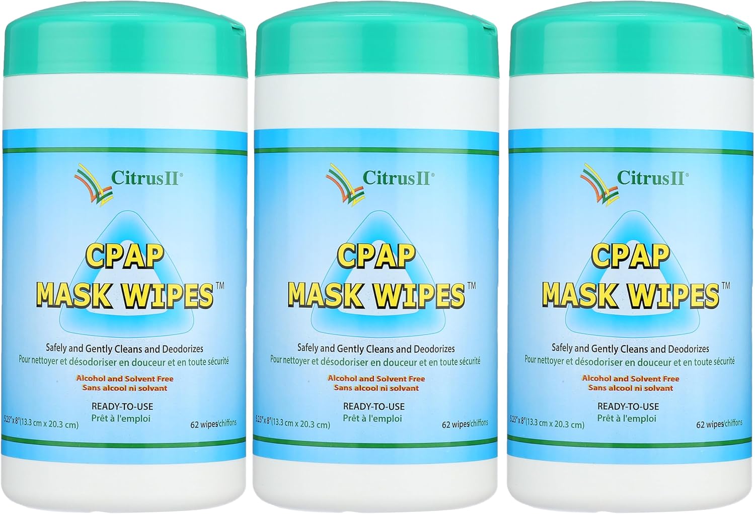 Citrus II Cleaning Wipes - Sanitizes BIPAP and CPAP Masks - Removes Dirt and Oil - Clean Citrus Scent - 62 Wipes Per Canister - Pack of 3 | Ideal