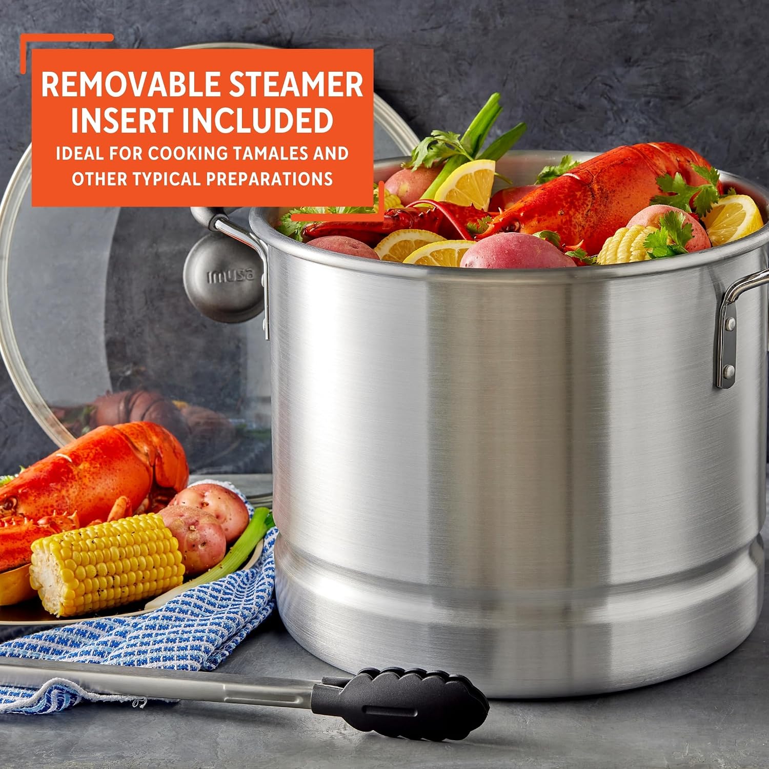 IMUSA USA Steamer with Glass Lid 20-Quart, Silver | Ideal for Tamales, Lobster