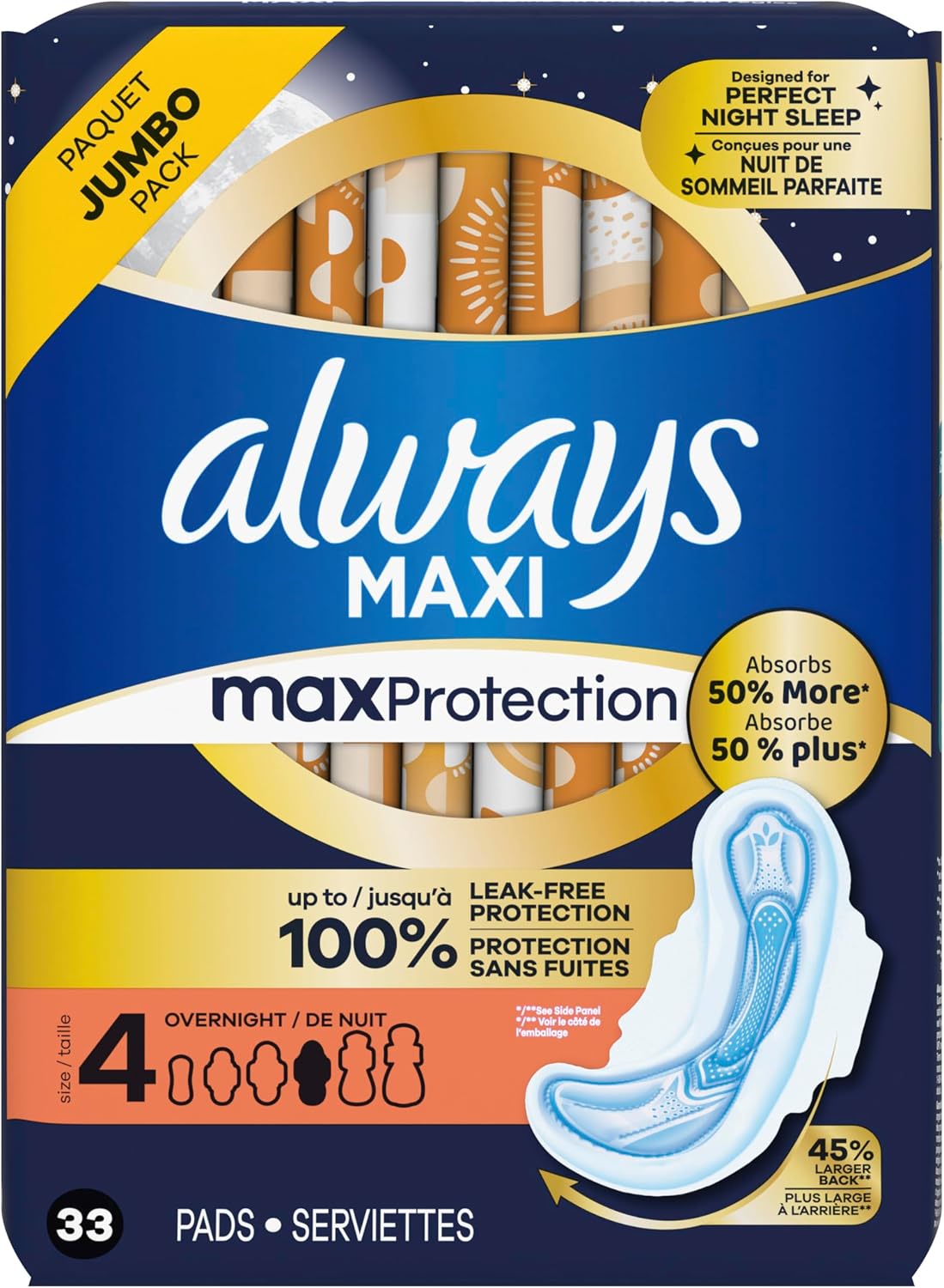 Always Maxi Overnight Feminine Pads with Wings for Women, Size 4, Overnight Absorbency, Unscented, Up to 100% Leak-Free Protection, 48 Count