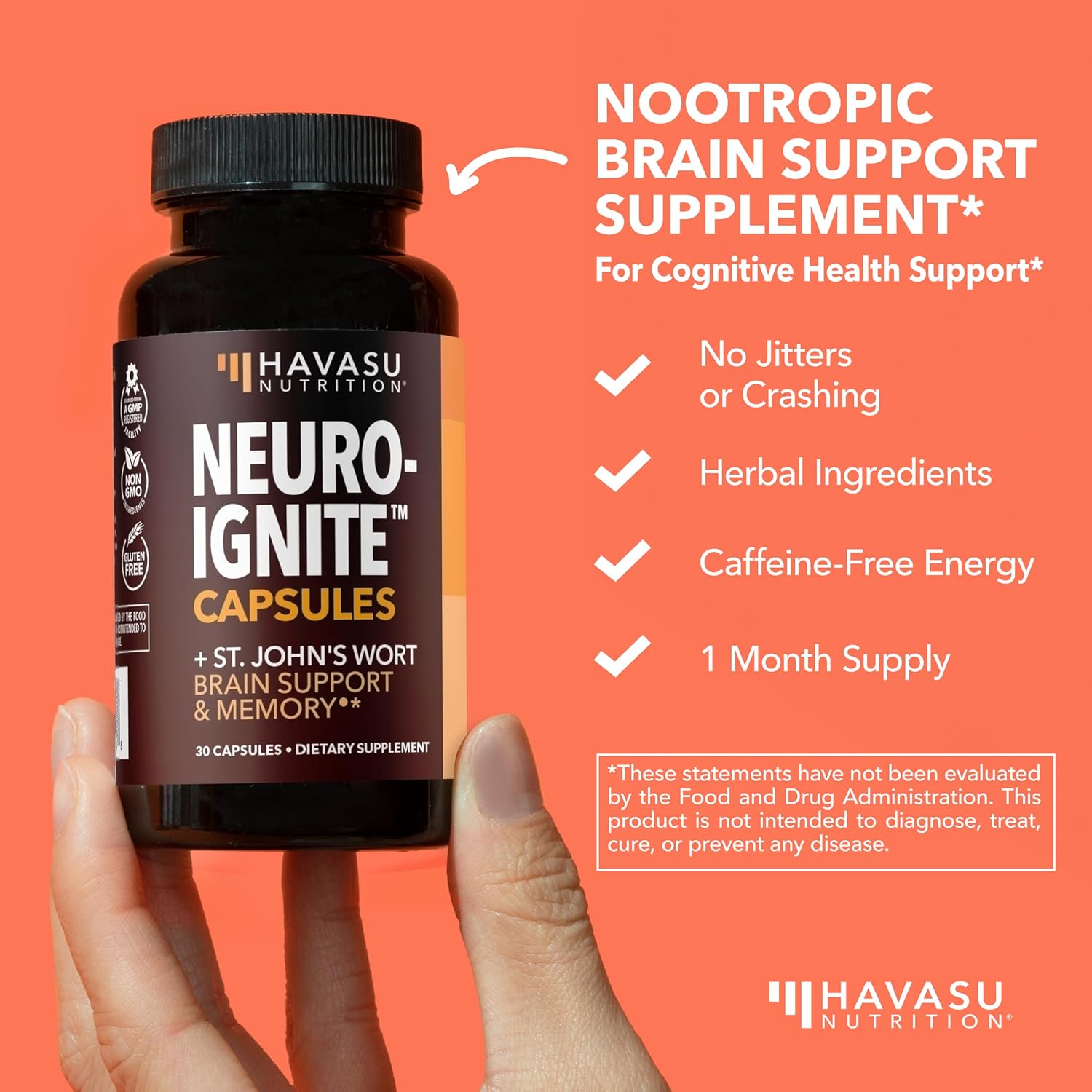 NeuroIGNITE Nootropic Brain Supplement for Memory and Focus, 30 Count | Vegan, Non-GMO Nootropic with Bacopa, Ginkgo Biloba, St. John's Wort for Cognitive Health and Mental Clarity, 30 Servings