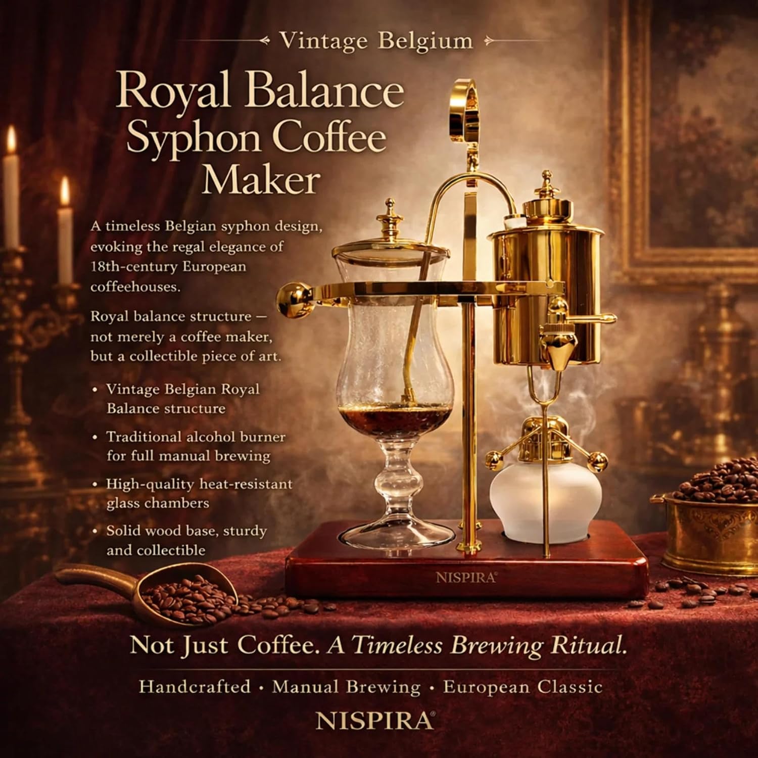 Nispira Belgium Royal Family Balance Syphon Unique Gravity Vintage Coffee Maker Vacuum Brewing System Gold 500 ml