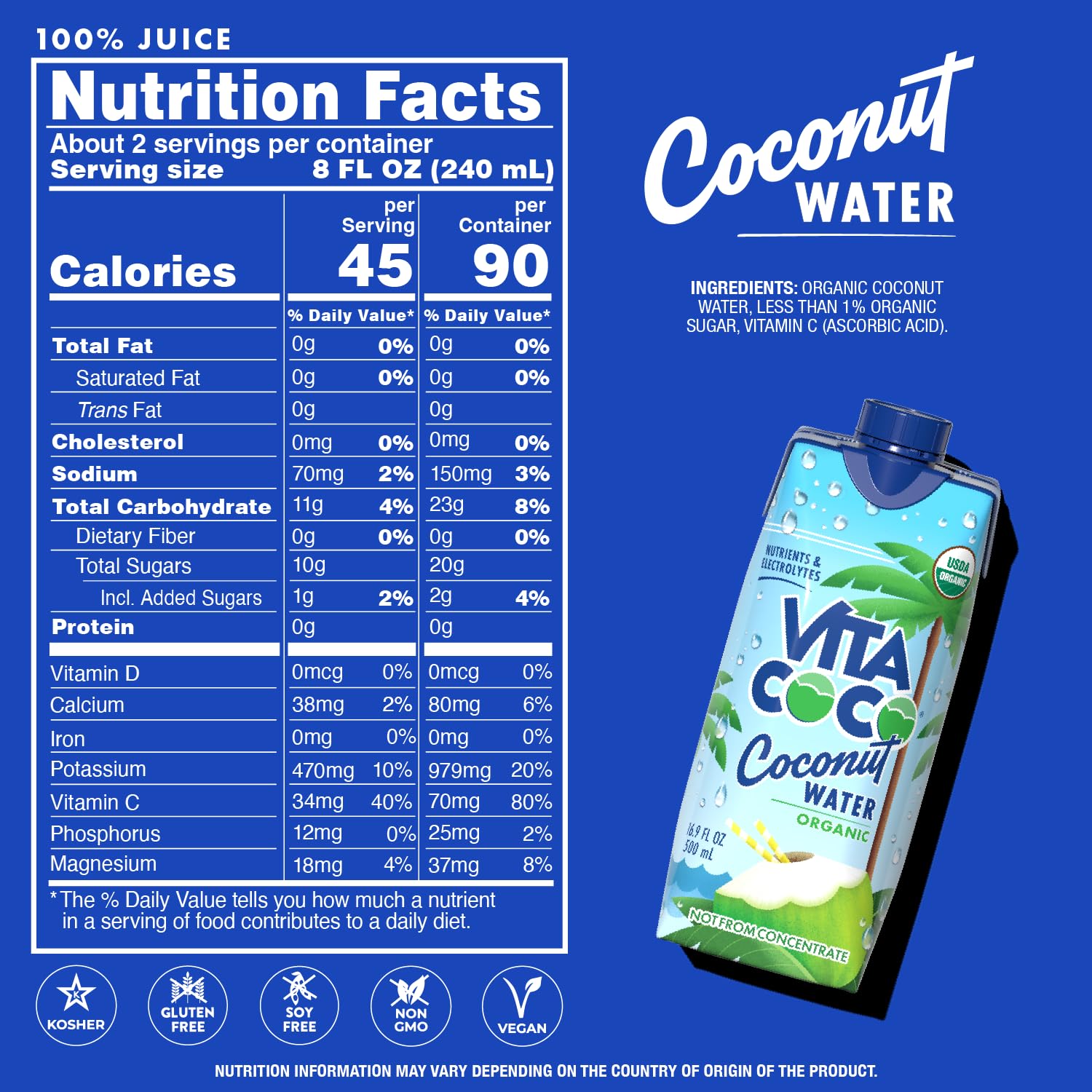 Vita Coco Organic Coconut Water, Original, 16.9 Oz (Pack of 12)