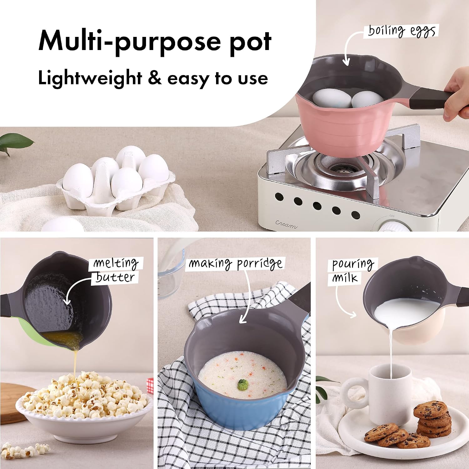 Neoflam 1qt Saucepan Butter Warmer Milk Boiling|Melting Pot, Ecolon Healthy Ceramic Nonstick Coating PFOA-free, 2 Pour Spouts, Dishwasher Safe, Ivory