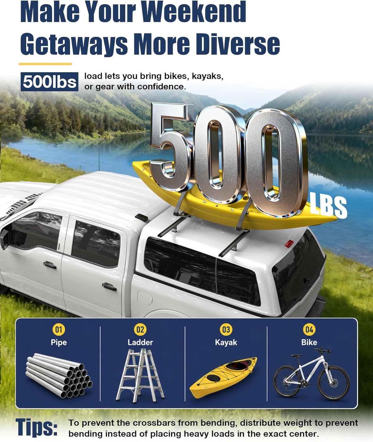 Mountainpeak 500LB Capacity Pickup Truck Topper Ladder Rack Camper Shell Roof Rack for Van Trailer Truck Cap Rack - 60" Crossbar Aluminum Black