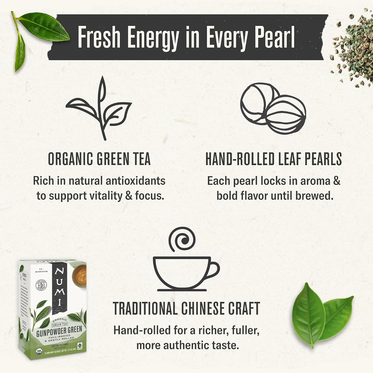Numi Organic Gunpowder Green Tea – 54 Green Tea Bags – Bold, Smooth Flavor, Packed with Antioxidants, Naturally Energizing, Microplastic-Free Tea Bags