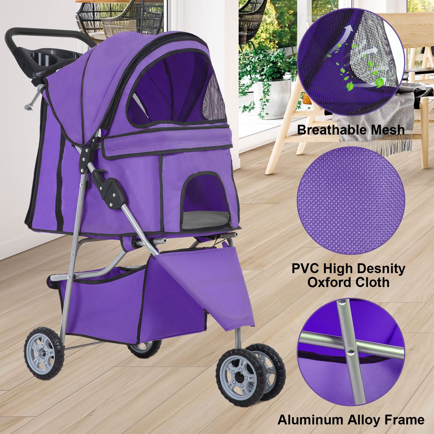 BestPet | 4-Wheel Foldable Pet Stroller | Black | Lightweight & Portable | Travel Carrier with Mesh Windows, Storage Basket, Cup Holder, Safety Brakes, and Waterproof Fabric | For Small Dogs and Cats