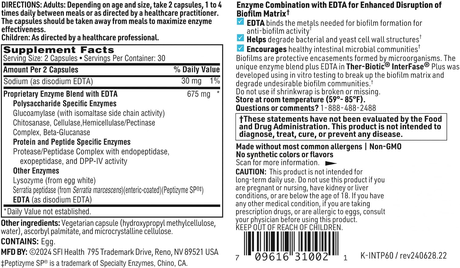 Klaire Labs SFI Health Ther-Biotic Interfase Plus, 120 Capsules | Anti Biofilm Enzymes with EDTA to Support Gut Flora, Toxin Cleanse & Full Body Detox, Promote Biofilm Matrix Disruption