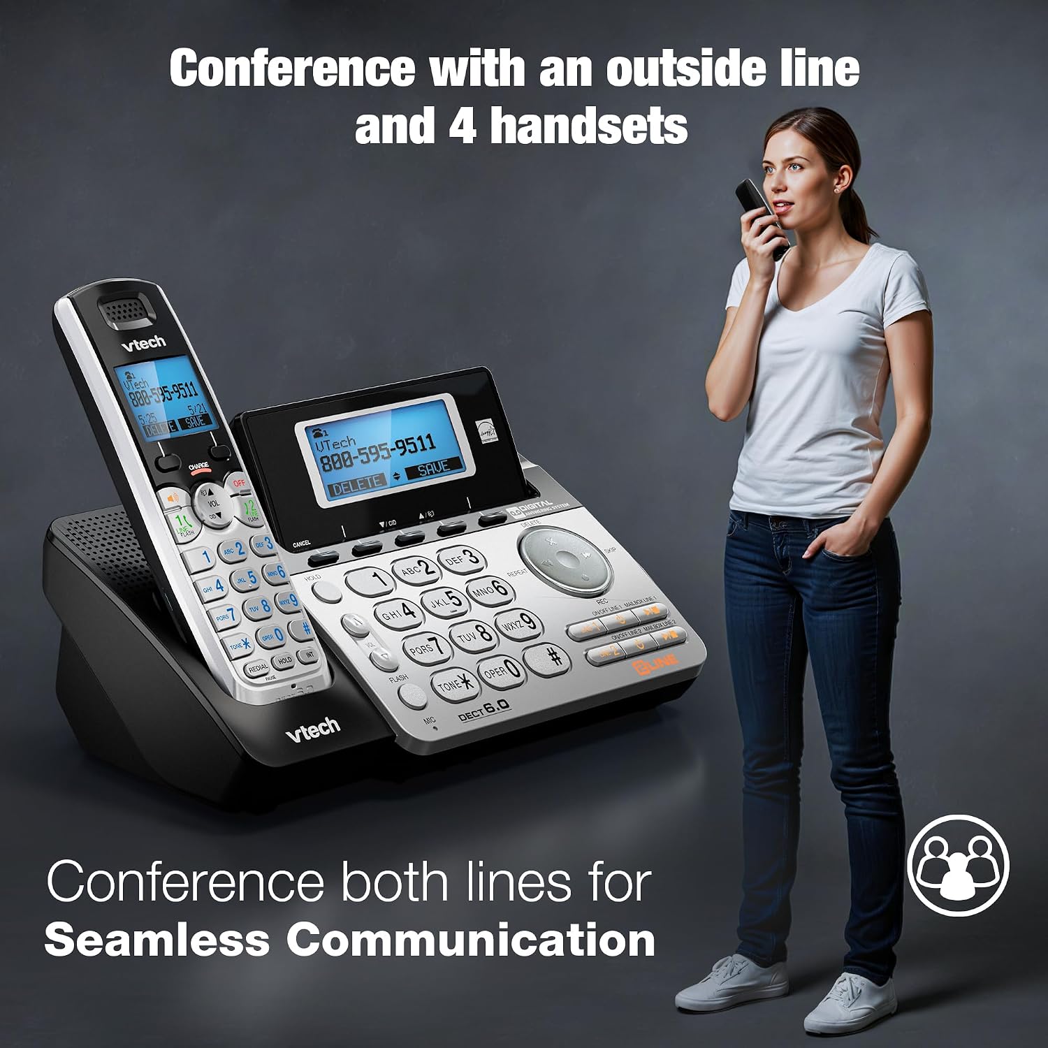 VTech DS6101 Accessory Handset for DS6151 Series, Black/Silver | 2-Line Cordless Phone, Answering System, Expandable up to 12 Handsets, Intercom & Conference