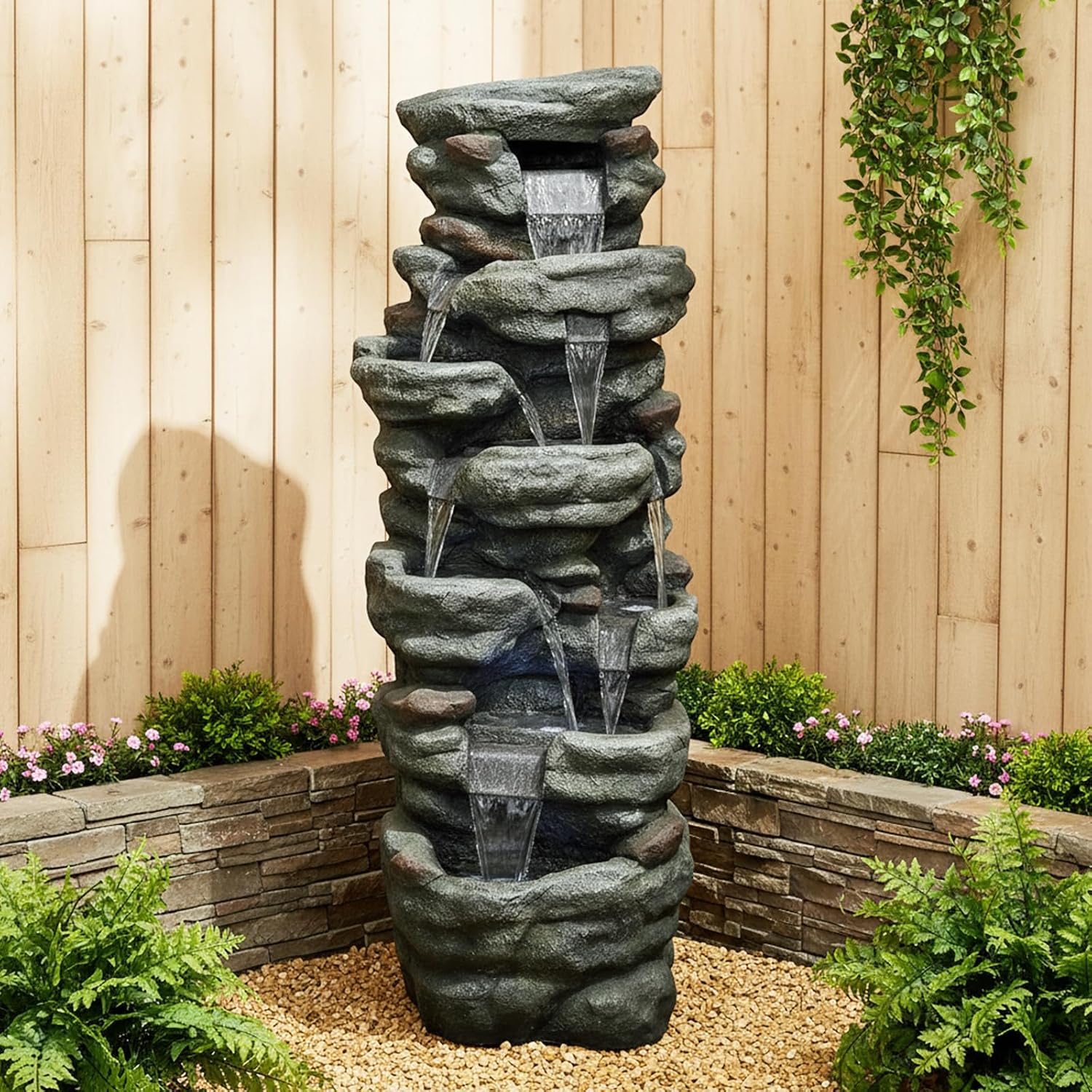 SunJet 40.5” High Rocks Outdoor Water Fountain - 6-Tiers Cascading Waterfall with LED Lights, Soothing Tranquility for Home Garden, Yard Decor