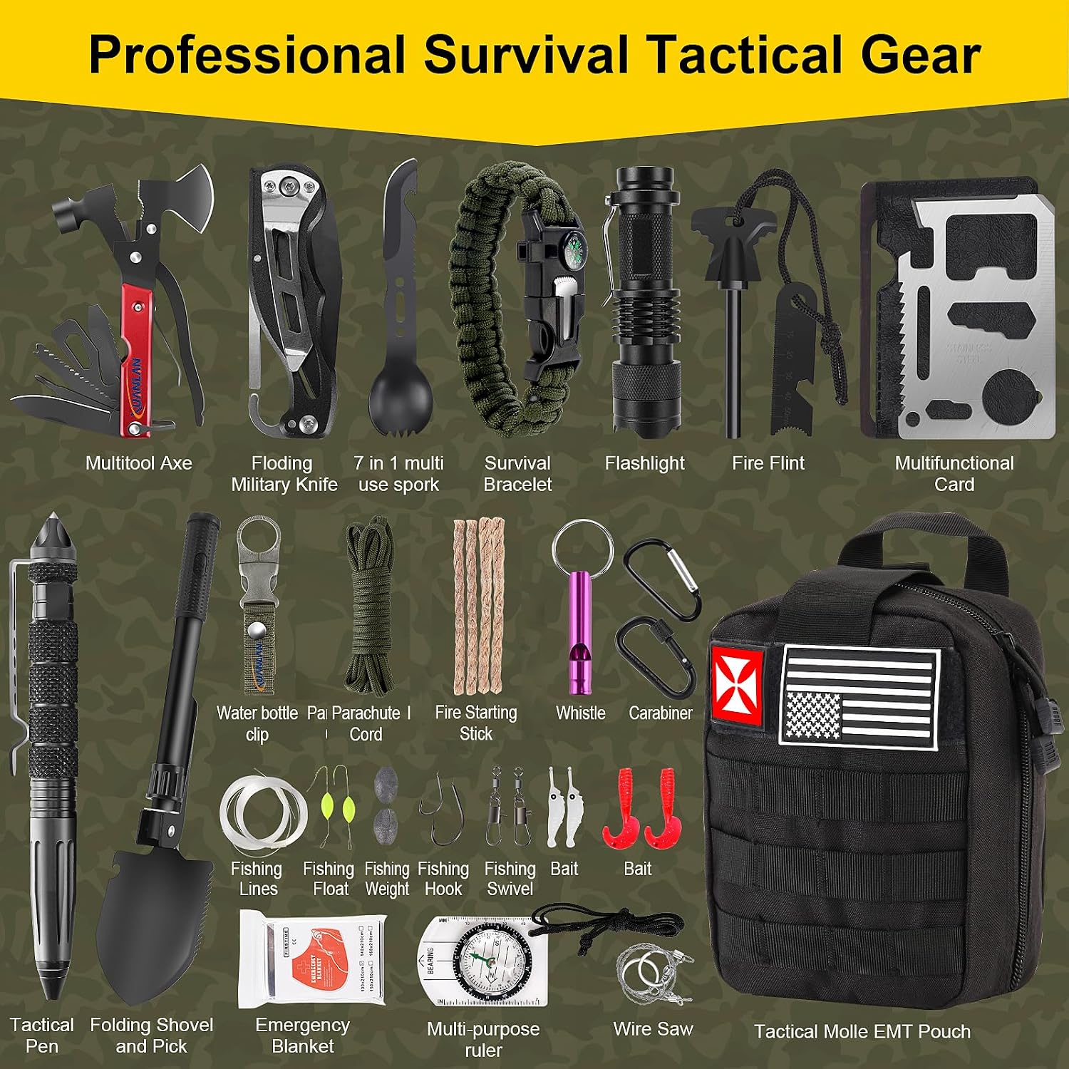 Survival First Aid Kit, 248PCS Survival Tools Camping Essentials Tactical Gear Emergency Trauma Medical Supplies Packed in a MOLLE Pouch, Saber Card