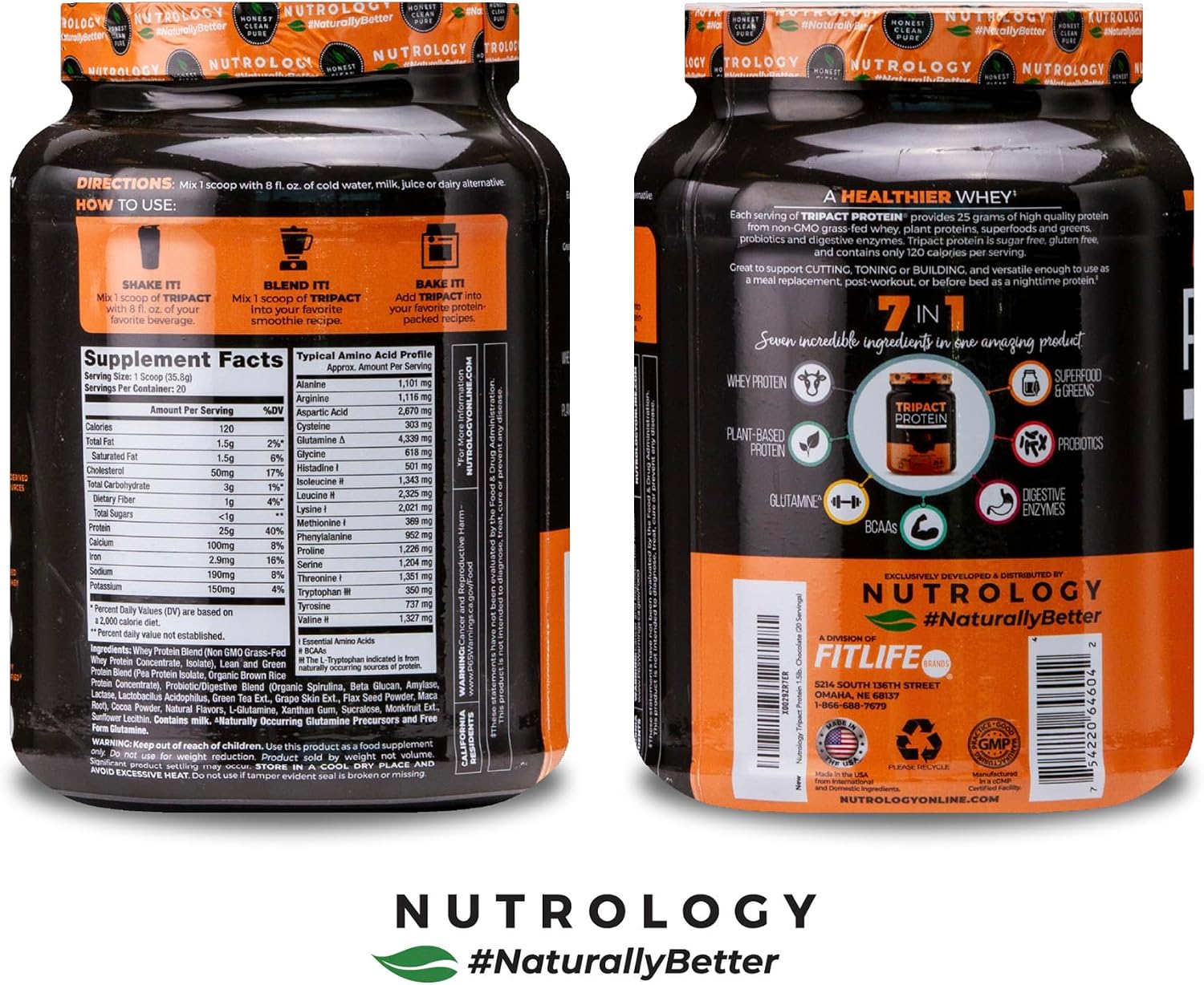 TRIPACT Protein Powder Vanilla Latte Cinnamon - 40 Servings | 7-in-1 Meal Replacement, Grass Fed Whey Protein, Pea Protein, Rice Protein, Greens Blend, Recovery Support