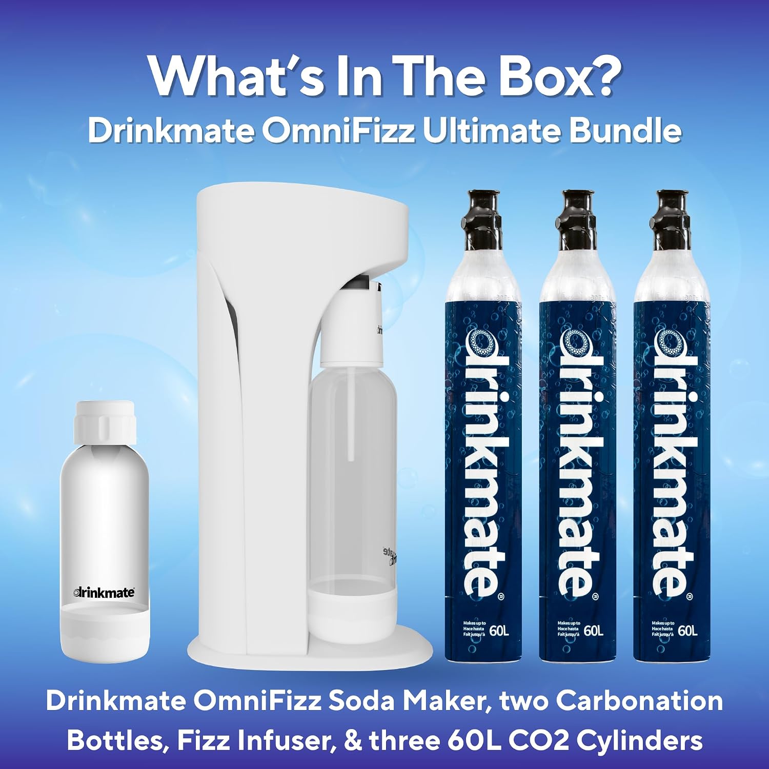 Drinkmate OmniFizz Sparkling Water Maker & Soda Streaming Machine | Carbonates Any Drink | ULTIMATE BUNDLE | Includes Three 60L CO2 Cartridges + Two