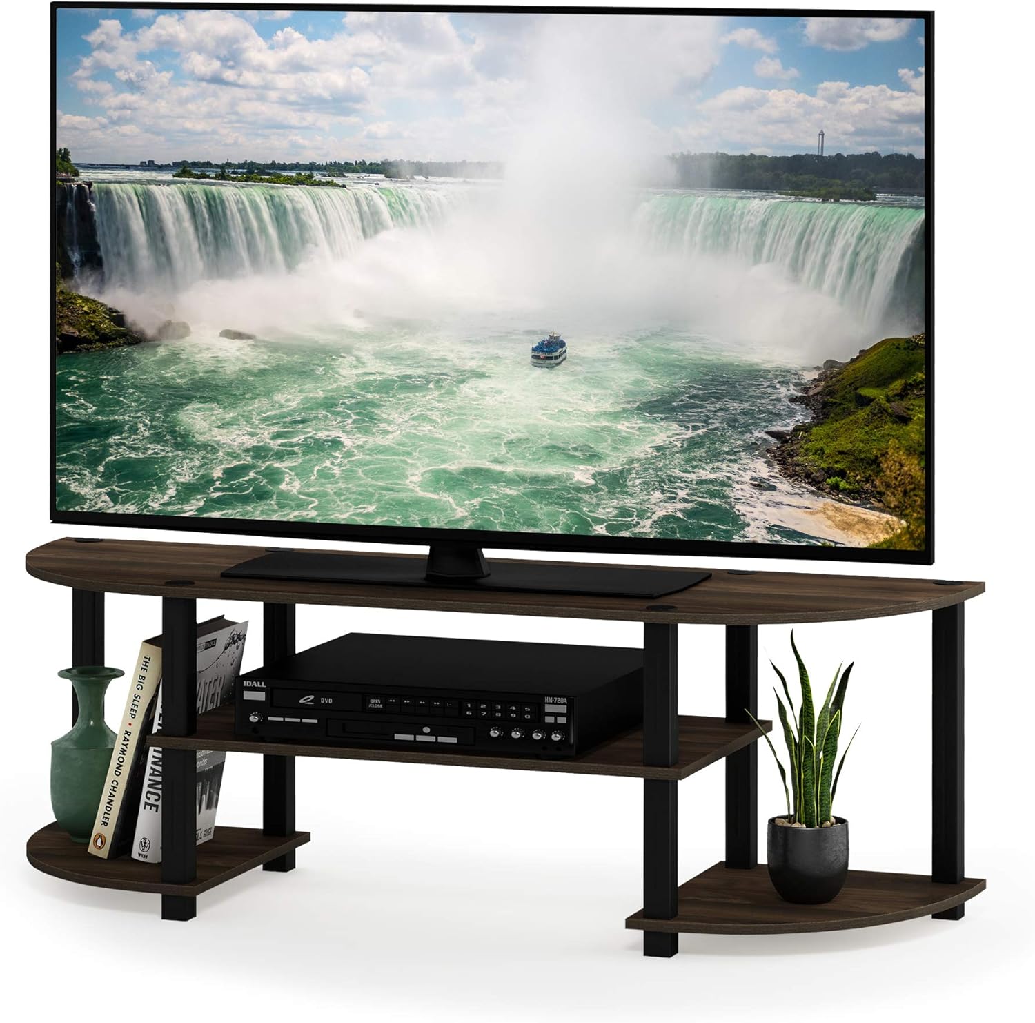 Furinno TURN-S-TUBE 3-Tier TV Stand for TVs up to 55 Inch, French Oak | Toolless Entertainment Center with Open Storage Shelves, Media Console Table with Soundbar Shelf for Living Room, Bedroom