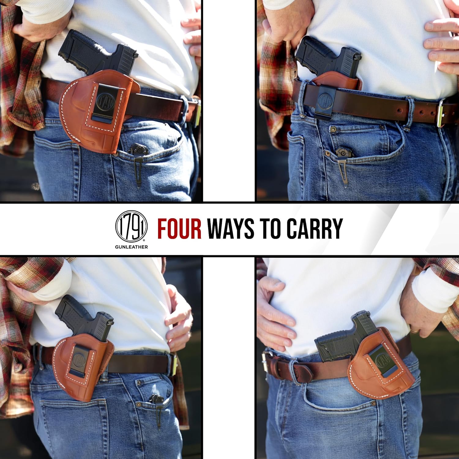 1791 Thumb-Break Gun Holster IWB/OWB, Fits Glock 19, 17, 22, 23, 26, 27 | Right-handed 4-Way leather gun holster also fits Taurus G2, Ruger SR9, Ruger SR9c and S&W M&P 9 M2.0, Glock 32 and 33