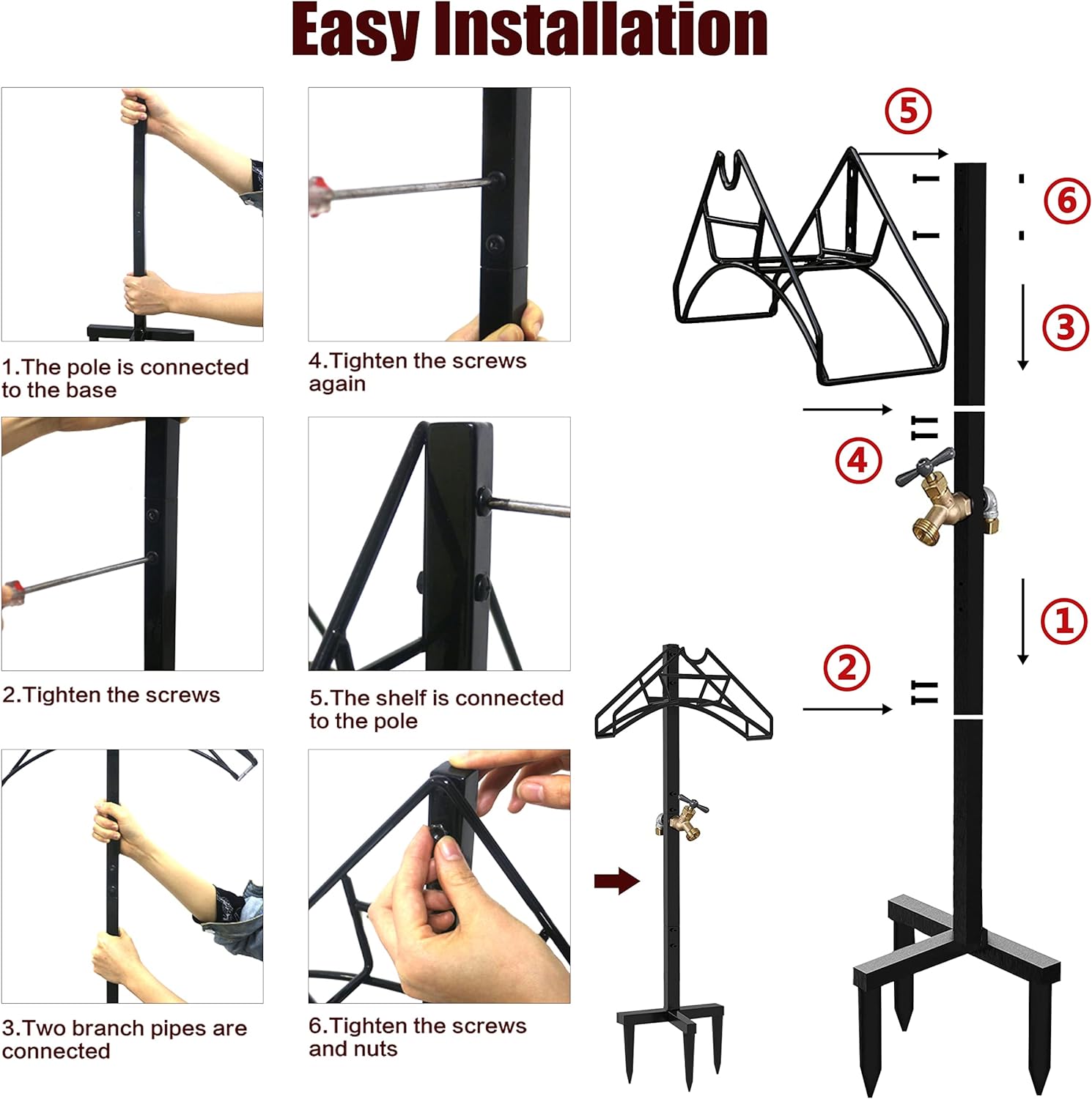 Artigarden Freestanding Garden Hose Holder Hanger, Heavy Duty Metal Water Hose Reel Storage Stand Rack for Yard Lawn, Bright Black (Hose not Included)