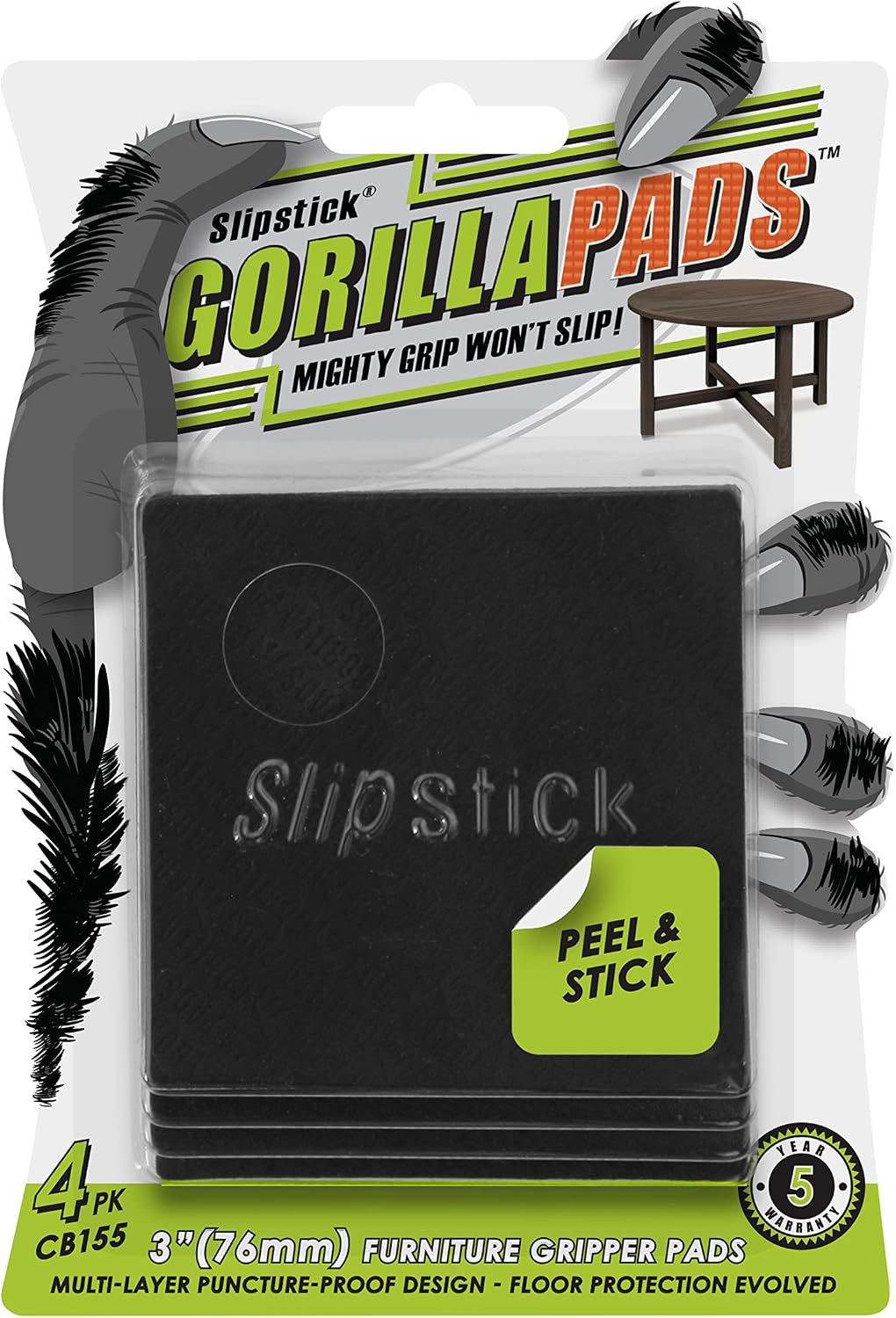 Slipstick GorillaPads CB149 Non-Slip Furniture Pads/Rubber Grippers (Set of 8) Self-Adhesive Furniture Feet Floor Protectors, 1-1/2 inch Round, Black