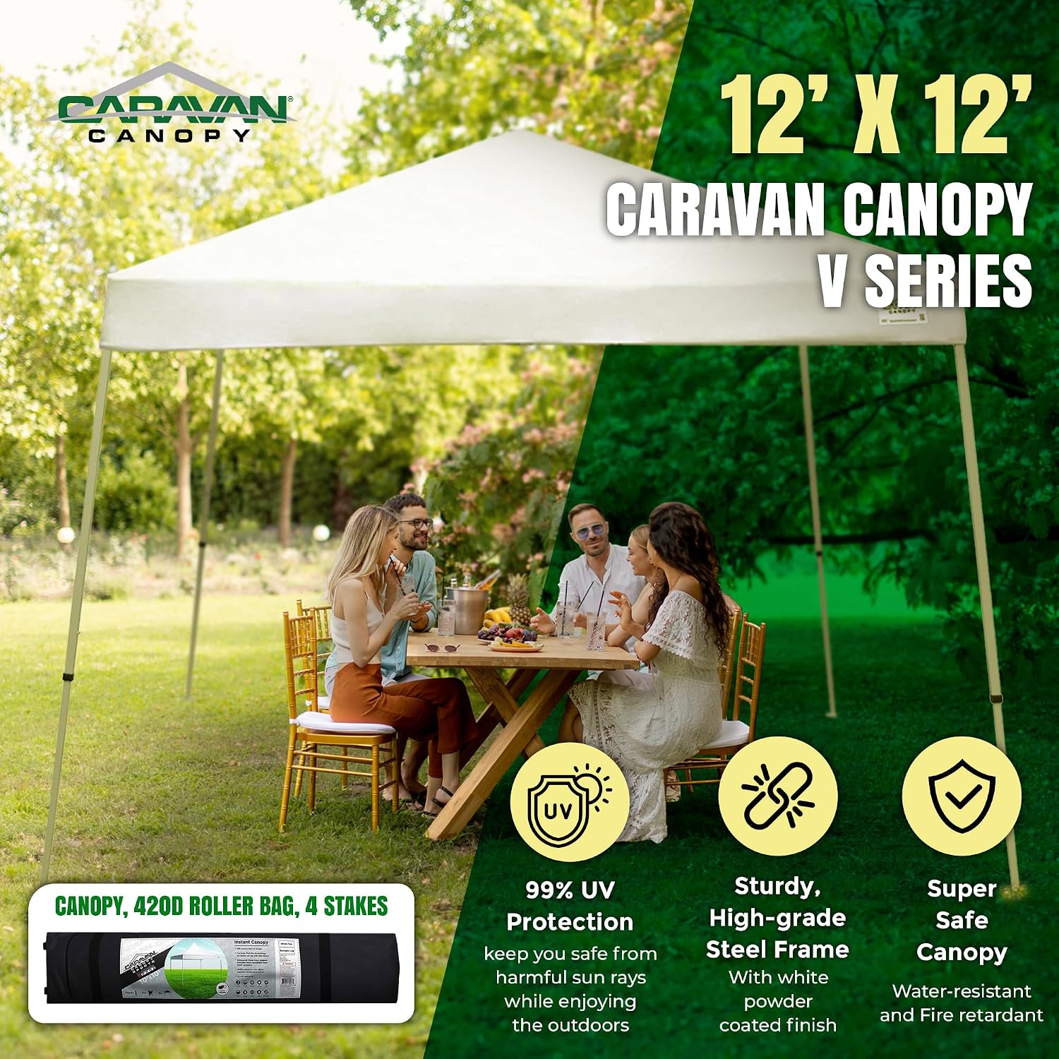 Caravan Canopy V Series 12 by 12 Foot Outdoor Shade Instant Canopy Kit with Steel Frame and 150D Polyester Canopy Top, 3 Leg Height Settings