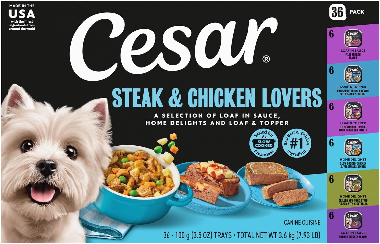 Cesar Wet Dog Food, Steak Lovers Variety Pack, 3.5 oz, 36 Count | Real meat #1 ingredient, easy peel trays, 100% complete & balanced, no fillers, no added sugar, no artificial flavors