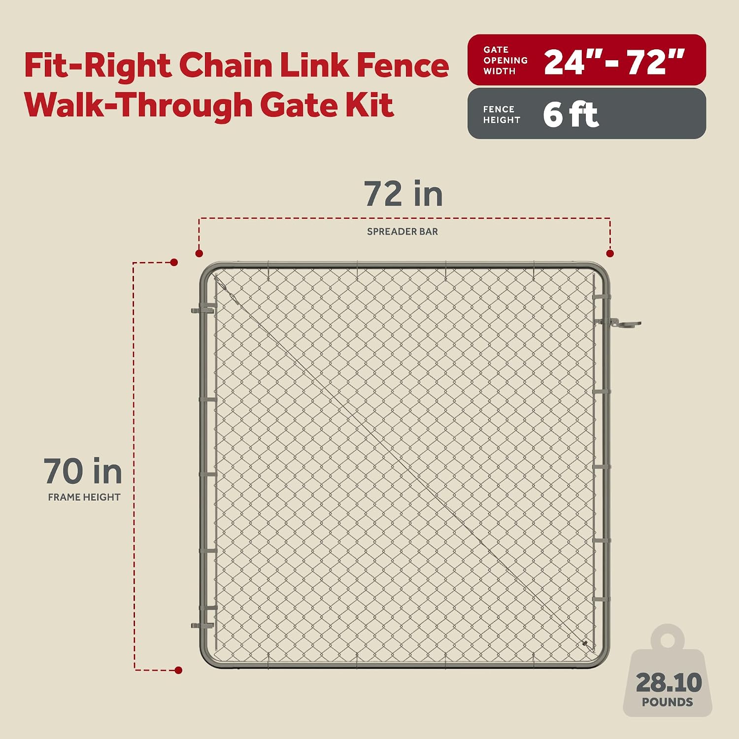 Adjust-A-Gate Chain Link Walk Gate Kit, Fits 24-72 in. Openings & Up to 4 ft., Round Corner Frame, Gray - Heavy-Duty Outdoor Reinforcement & Accessories for Gates and Fences