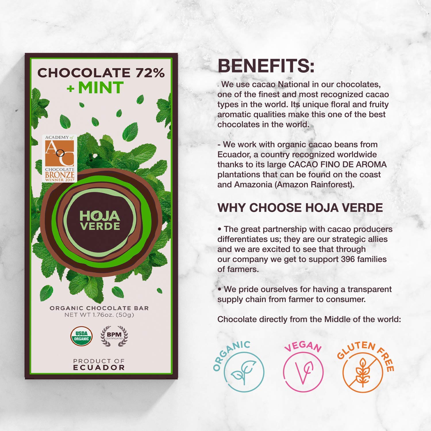 Hoja Verde Dark Chocolate Sugar, Dairy Free Bars, Keto Friendly, Certified Organic | Vegan, Natural, Non-GMO and Gluten Free (100% Pure)