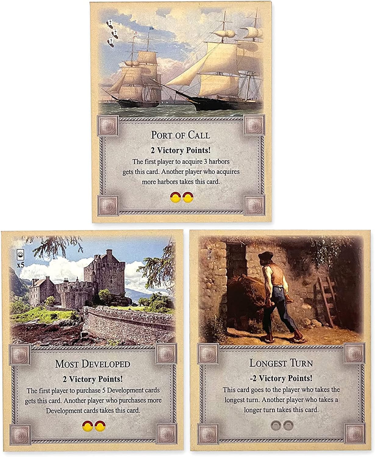 Longest Turn, Most Developed and Port of Call Cards compatible with Catan's Settlers of Catan 5th Edition, Seafarers