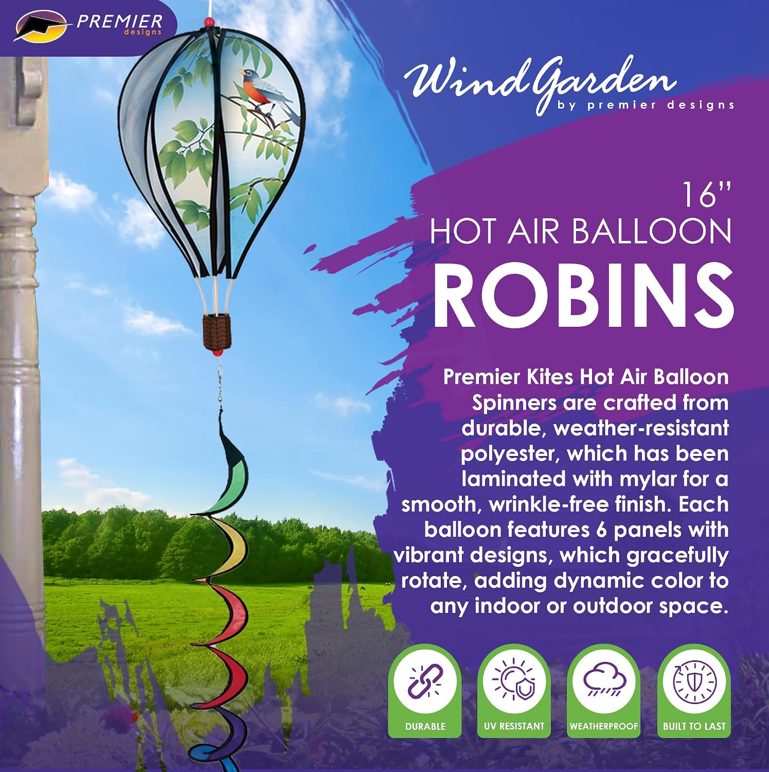 Hot Air Balloon Hanging Garden Spinner 16" - Vibrant Patriotic Design, Weather-Resistant Outdoor Decor, Durable & Lightweight for Patios, Yards, and Gardens - Eye-Catching Wind Spinner