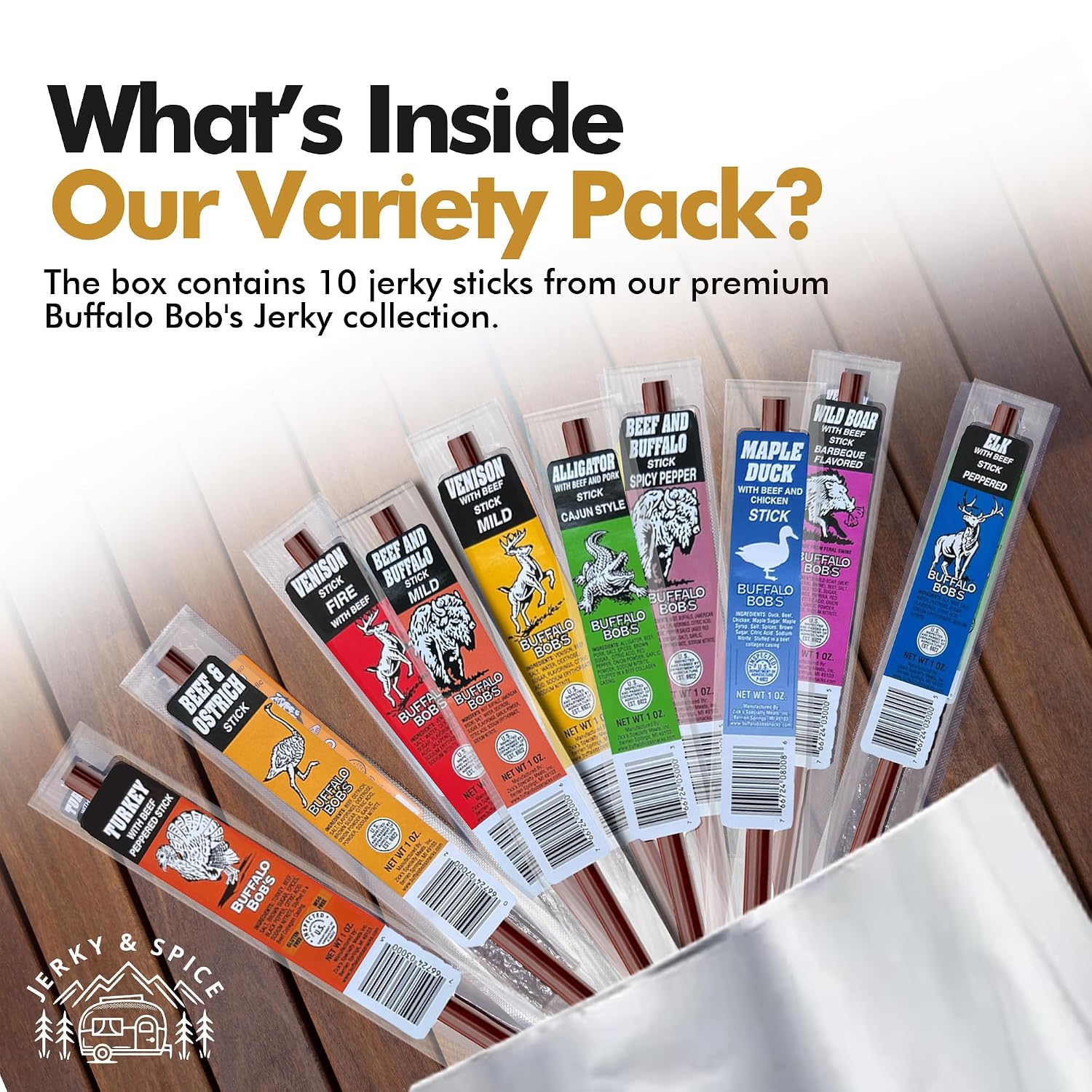Jerky-n-Spice Wild Game Exotic Meat Sticks (10-Pack) | Ultimate Beef Jerky | Savory Snacks Variety Pack for Adults | Perfect Gifts for Anniversary, Camping, Hunting & Birthday Events