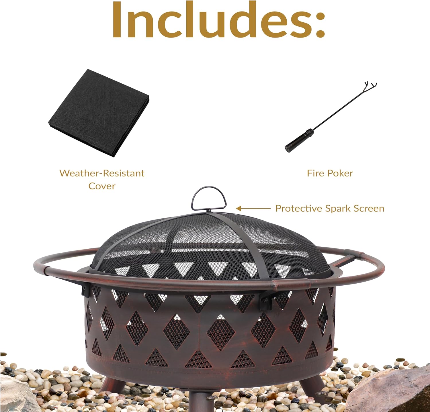 Sunnydaze Crossweave Large Outdoor Fire Pit, Wood Burning, Round, 36" | Black, Heavy Duty Steel Metal, Patio Fire Pit with Spark Screen, Poker, & Cover, Wood Firepit for Outside, Backyard, or Deck