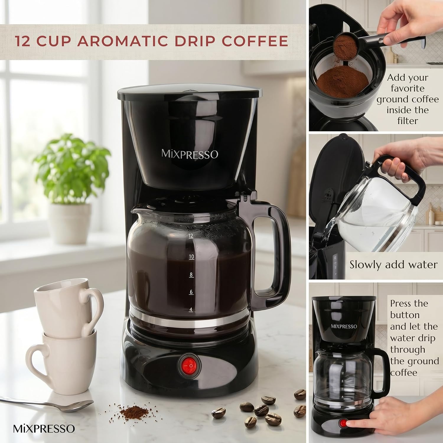 Mixpresso 5 Cup Drip Coffee Maker, Coffee Pot with Reusable Filter, Black | Glass Carafe Coffee Machine with Auto-Off, Anti-Drip, Water Window and Easy On/Off Switch for Convenient Everyday Brewing