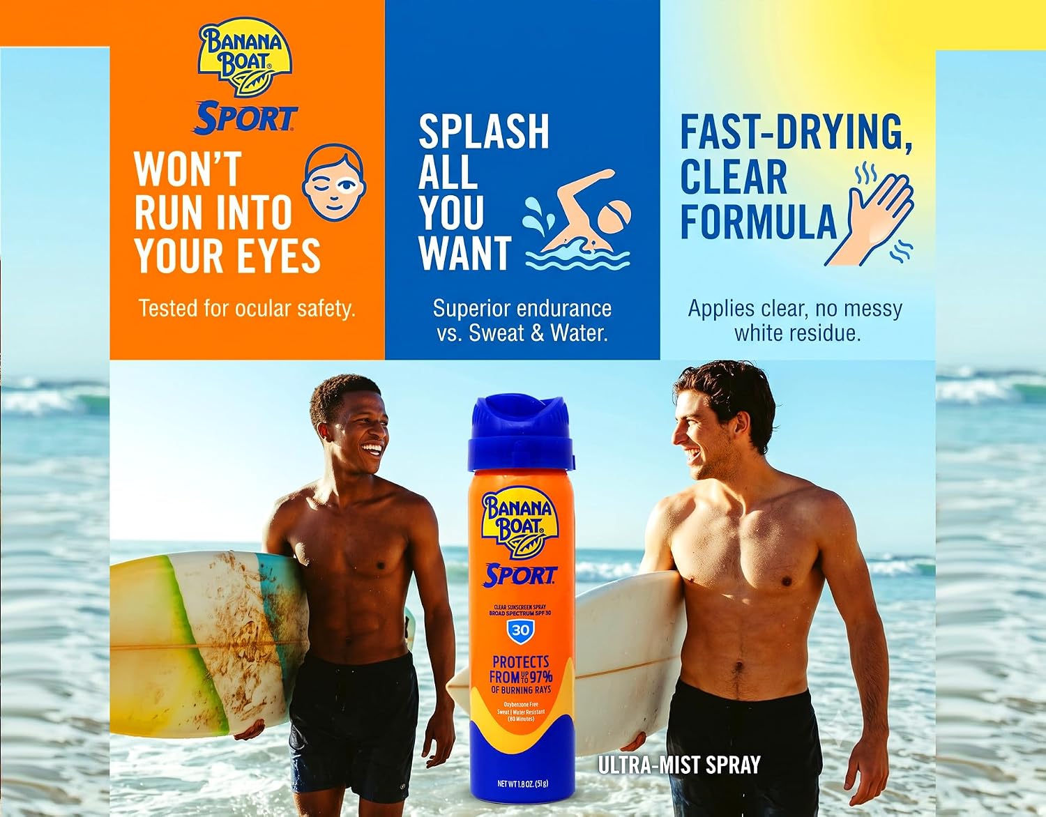 Banana Boat Sun Screen Sport Spray SPF 30 UltraMist Coolzone 1.8 oz (Travel Size), 2 units