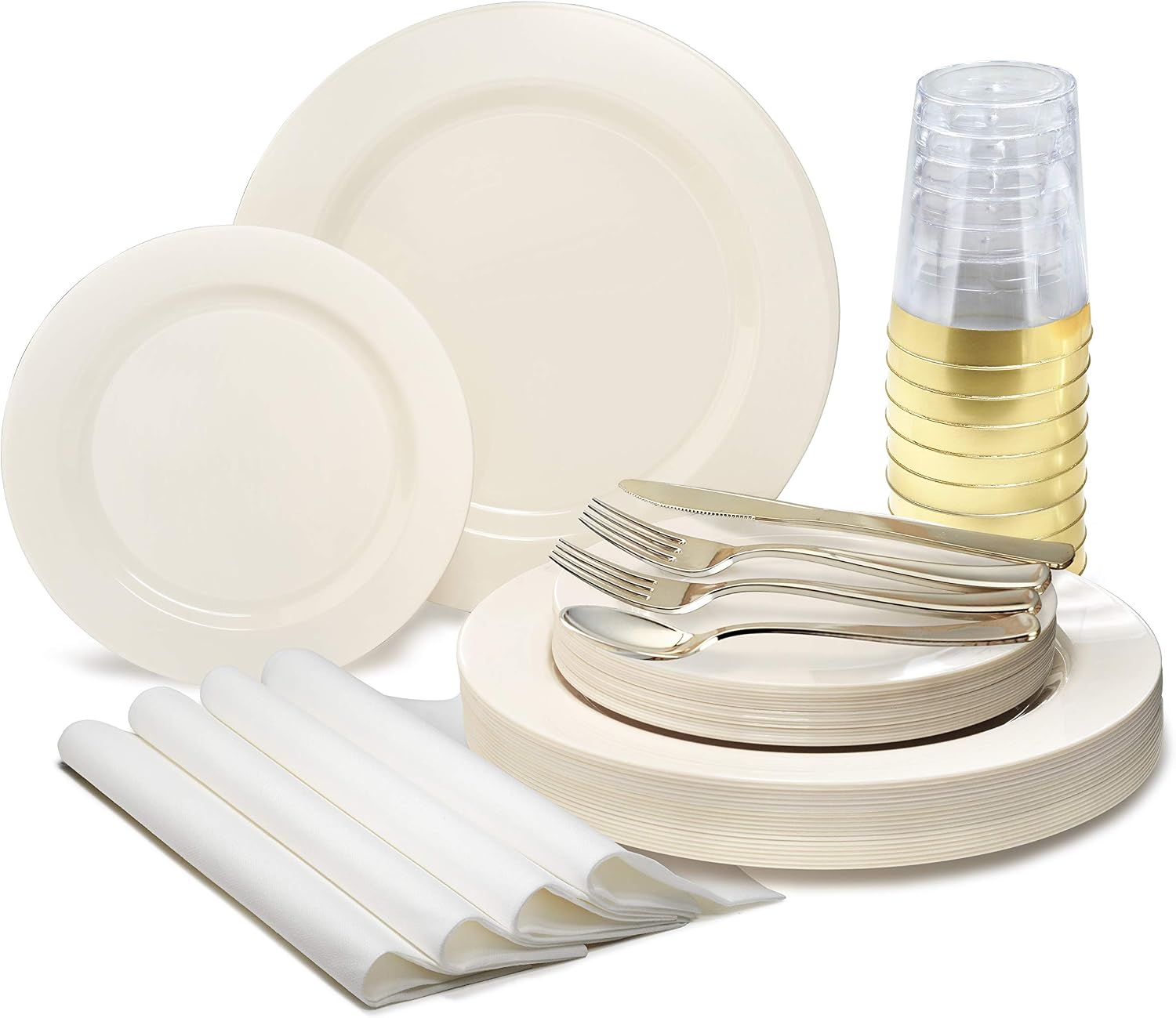 OCCASIONS 50 Ivory Disposable Plastic Plates for 25 Guests (Plain Ivory) | Heavy Duty Fancy Wedding Party Dinner & Salad/Dessert Set, 25x10.5" + 25x7.5", China-Like Look, BPA Free & Recyclable