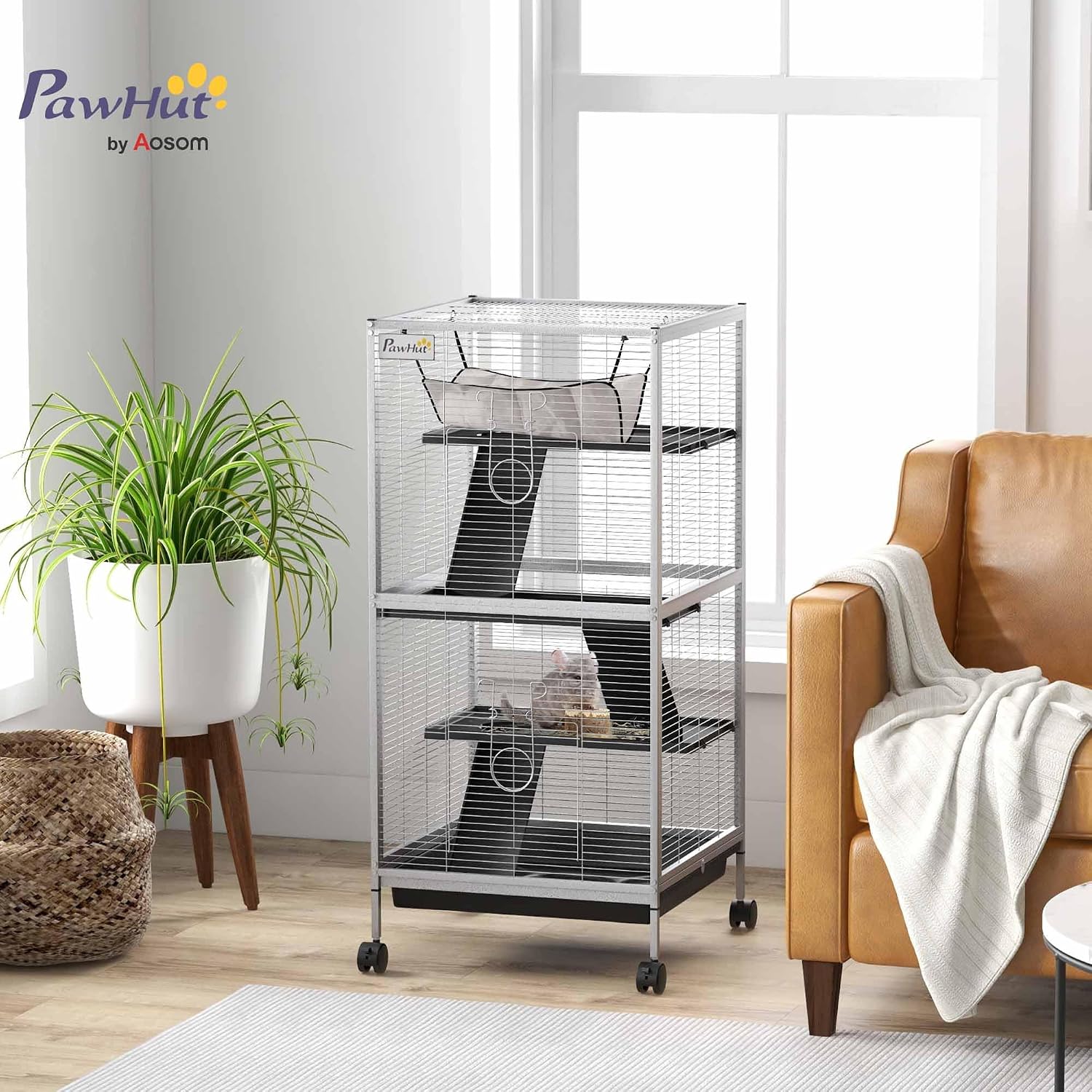PawHut Metal Small Animal Cage, 4-Tiers Rolling Big Ferret Cage, Gray