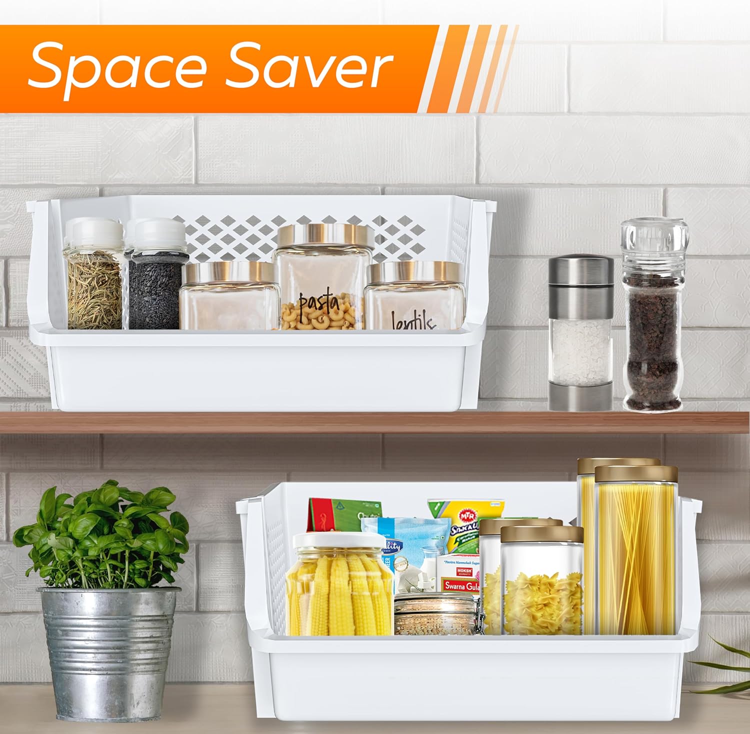 Skywin Stackable Storage Bins Open Front for Pantry Storage, 4 Pack - Black