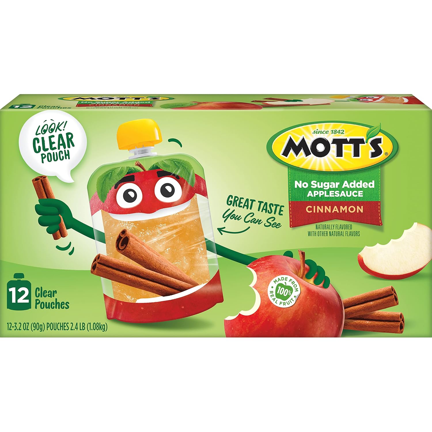 Mott's No Sugar Added Strawberry Applesauce, 3.2 Oz Clear Pouches, 48 Count (4 Packs Of 12), Good Source Of Vitamin C, No Artificial Flavors
