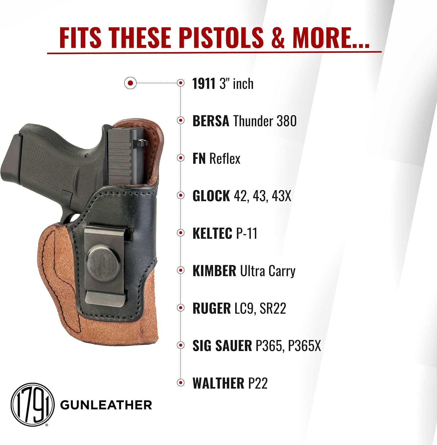 1791 Gunleather Rigid IWB Holster Fits Glock 43X, 43, FN Reflex, P365 | Right-handed holster also fits Glock 42, Kimber Ultra Carry, Bersa Thunder 380, Ruger LC9/SR22 & Walther P22, 1911 3" Colt