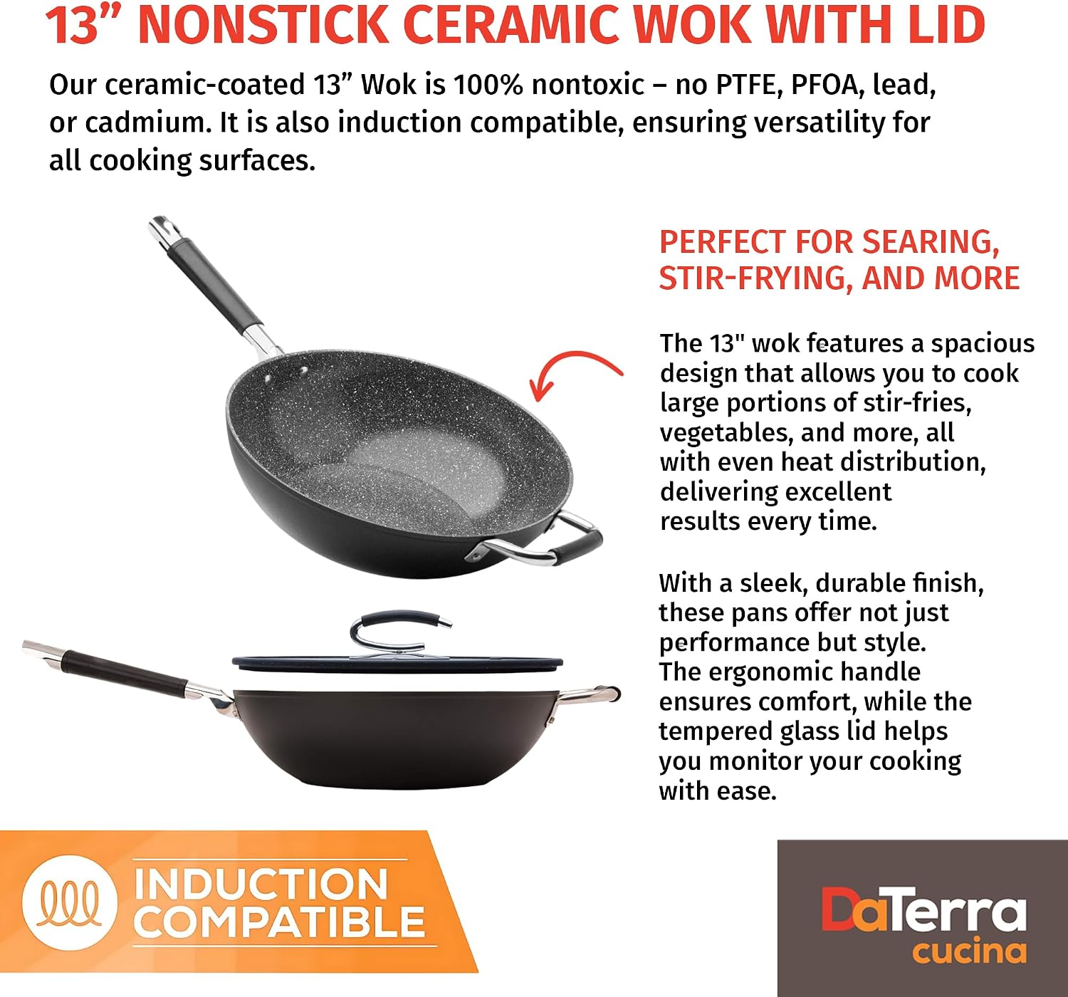 DaTerra Cucina - Nonstick Ceramic Wok with Lid - Oven & Induction Safe, 13"