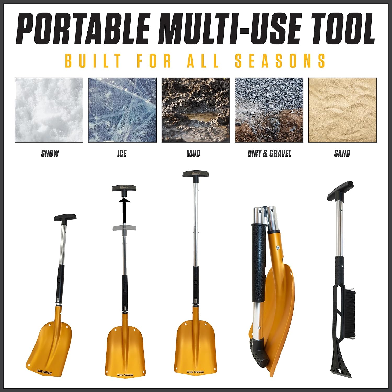 True Temper 3-in-1 Emergency Shovel for Car or Truck, Foldable with Ice Scraper, Ice Brush, Compact Storage for Vehicle or Hiking, Use in Snow, Dirt