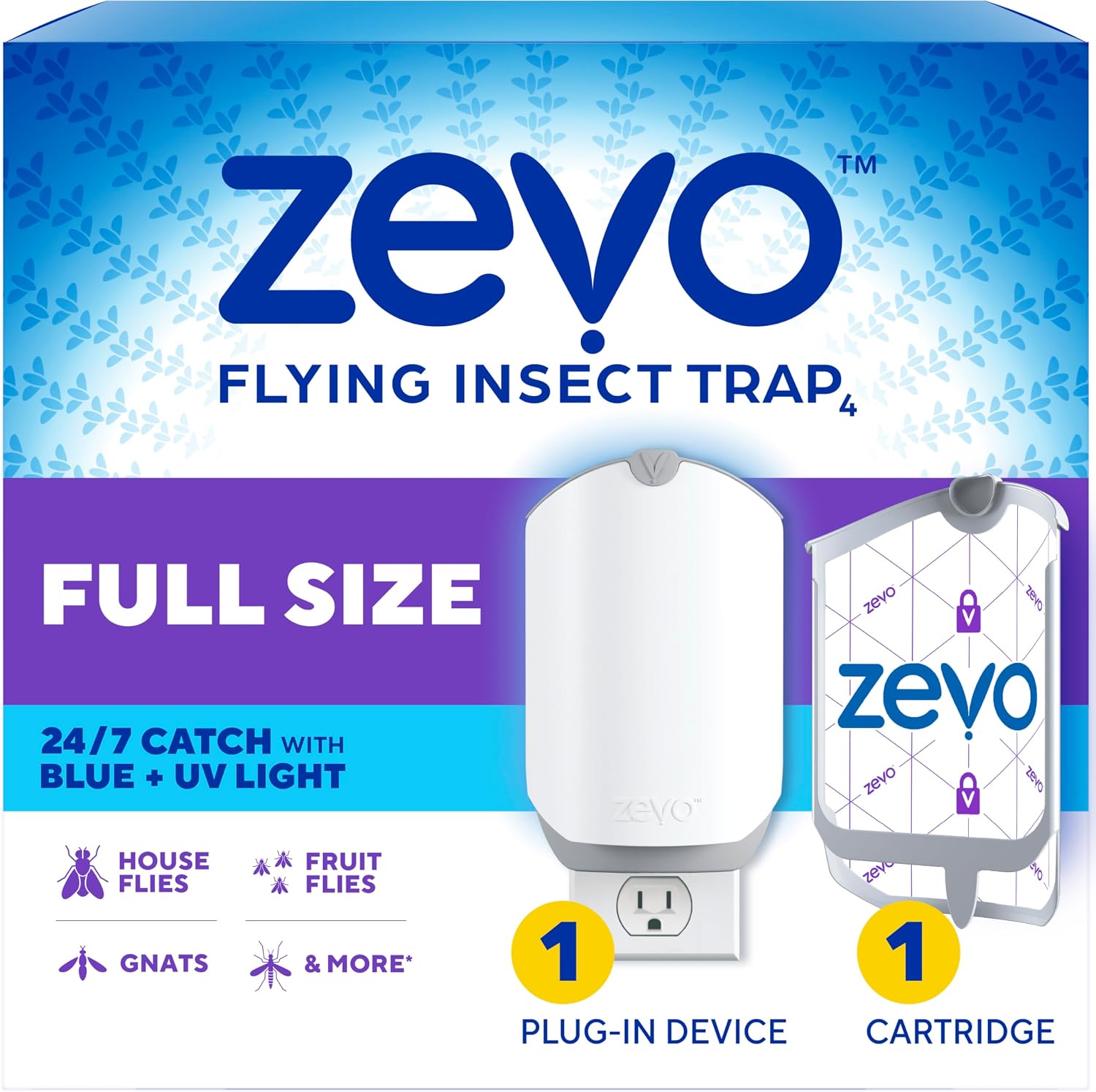 Zevo Flying Insect Trap for Fruit Flies & Gnats, 1 Base & 1 Refills | Fly Trap Catches House Flies, Gnats & Fruit Flies 24/7, Spray-Free, Odor-Free, Blue & UV Light, Safe for Kids & Pets*