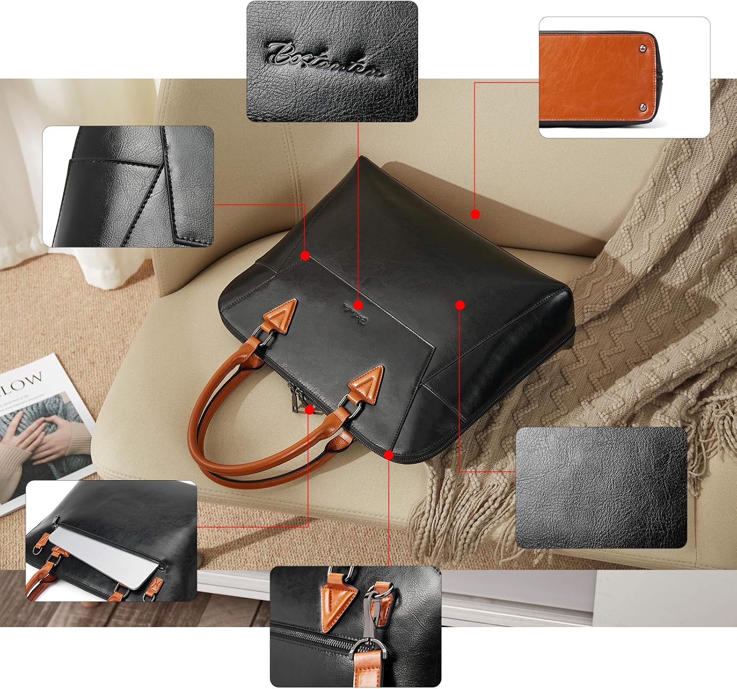 BOSTANTEN Briefcase for Women Leather 15.6 inch Laptop Shoulder Bag Office Work Crossbody Handbag